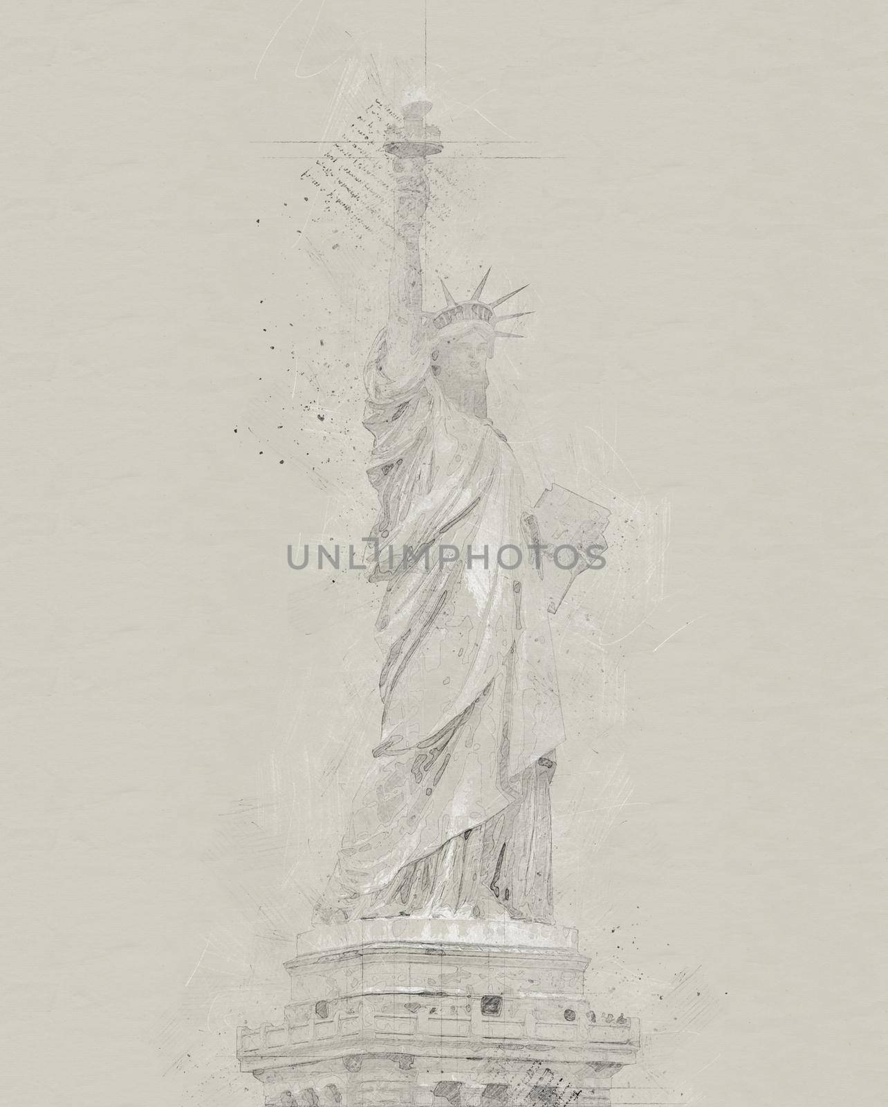 Statue of liberty vintage style pencil sketch, digital art