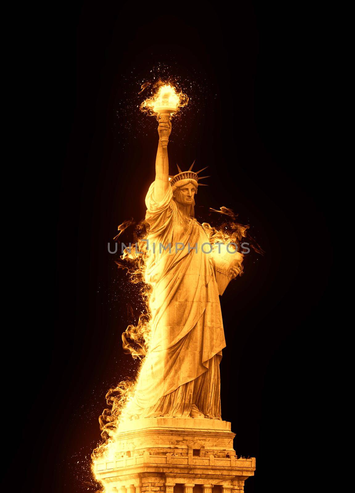 Burning golden Statue of Liberty on black background