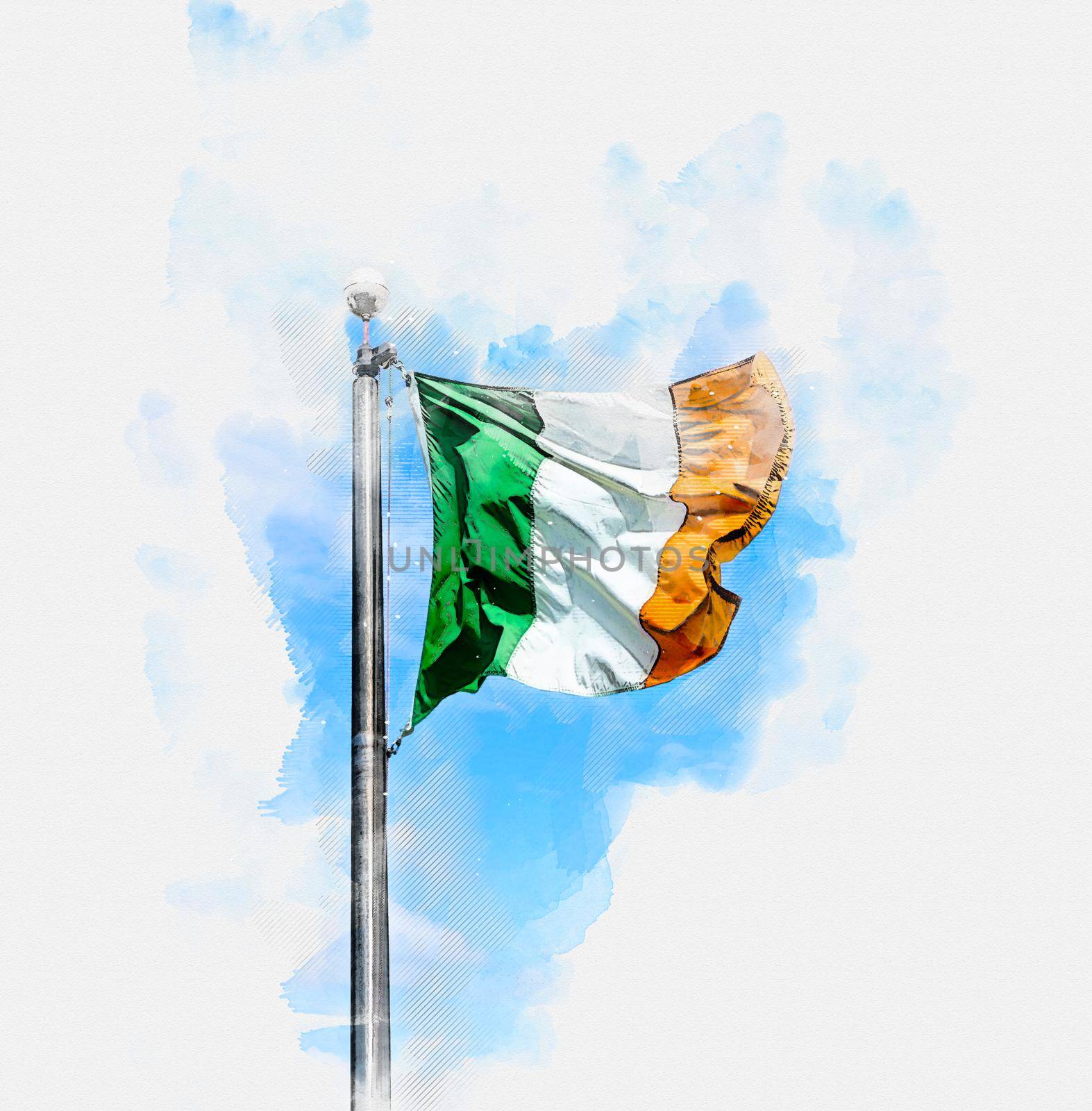Watercolor painting illustration of Irish tricolour flying in full sunshine against sky