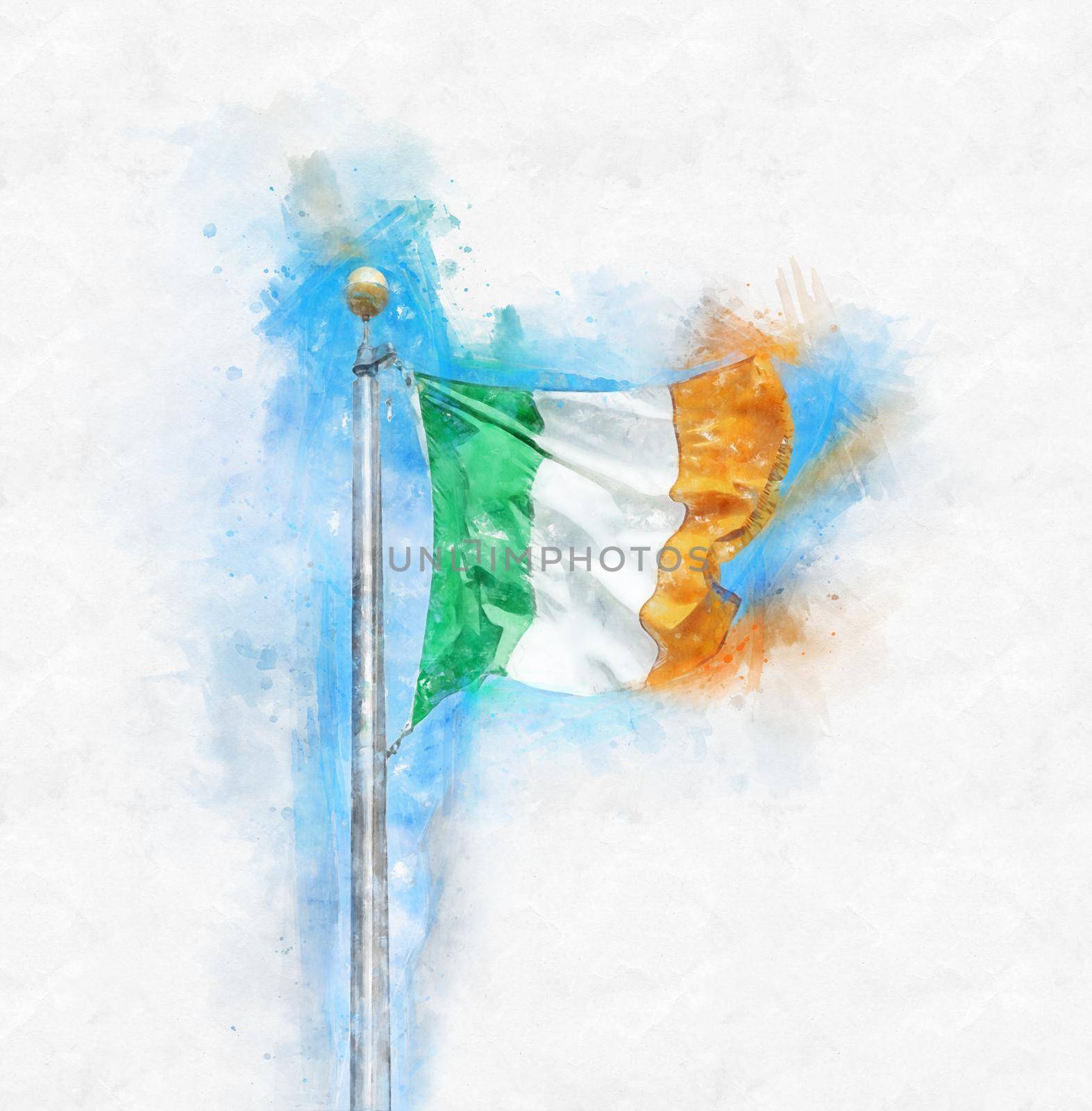 Watercolor painting illustration of Irish tricolour flying in full sunshine against blue sky by Mariakray
