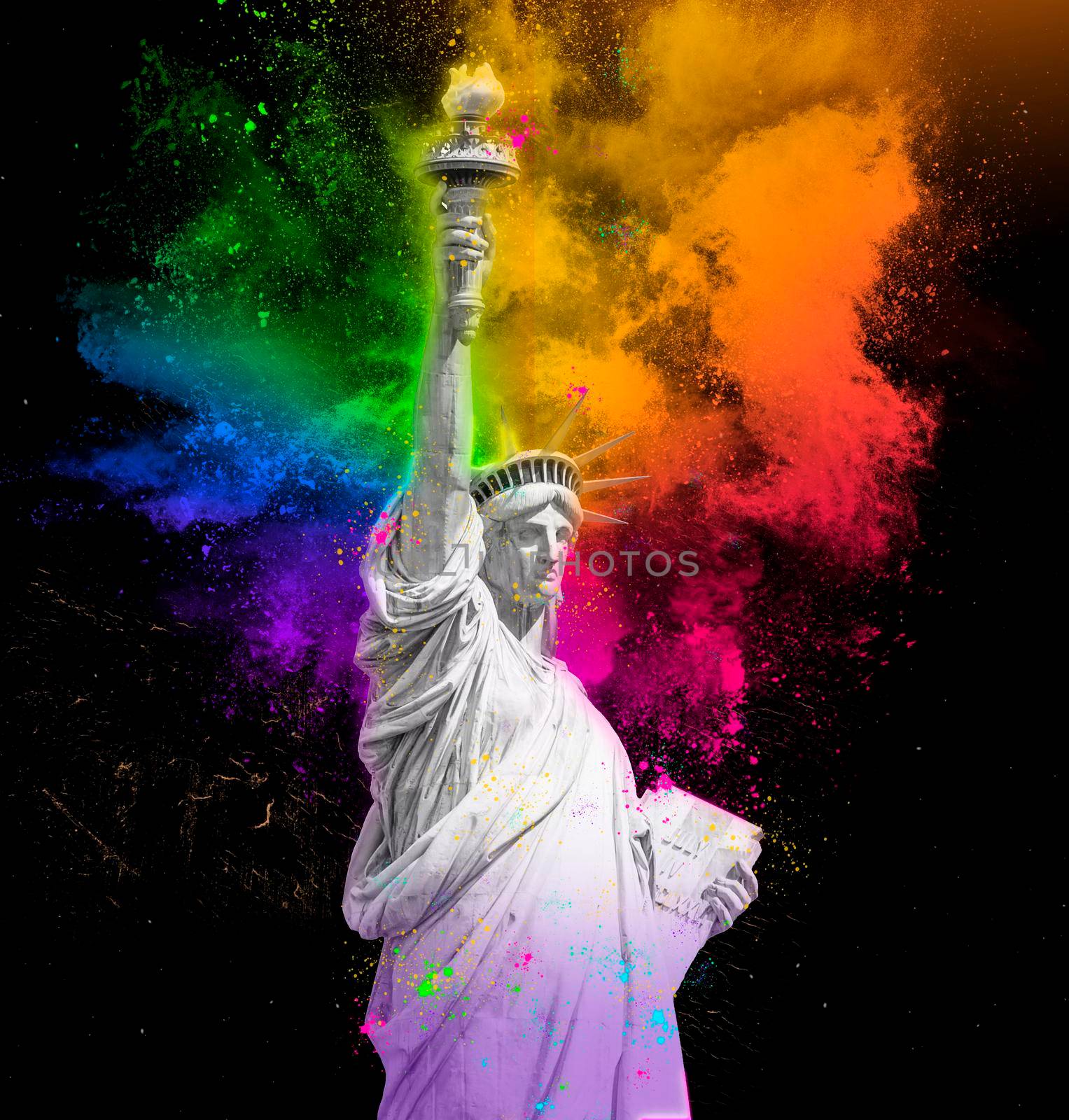 Statue of Liberty with colorful rainbow holi paint powder explosion isolated on black background by Mariakray