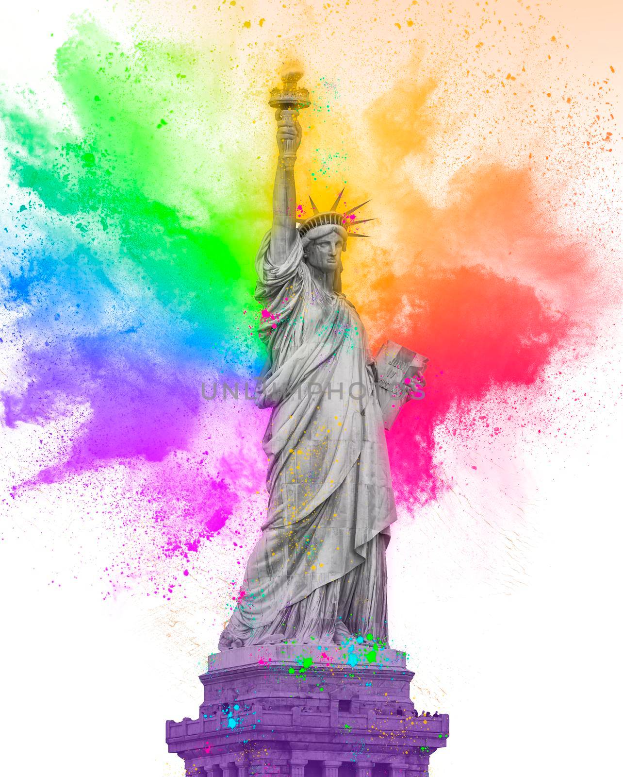 Statue of Liberty with colorful rainbow holi paint powder explosion isolated on white