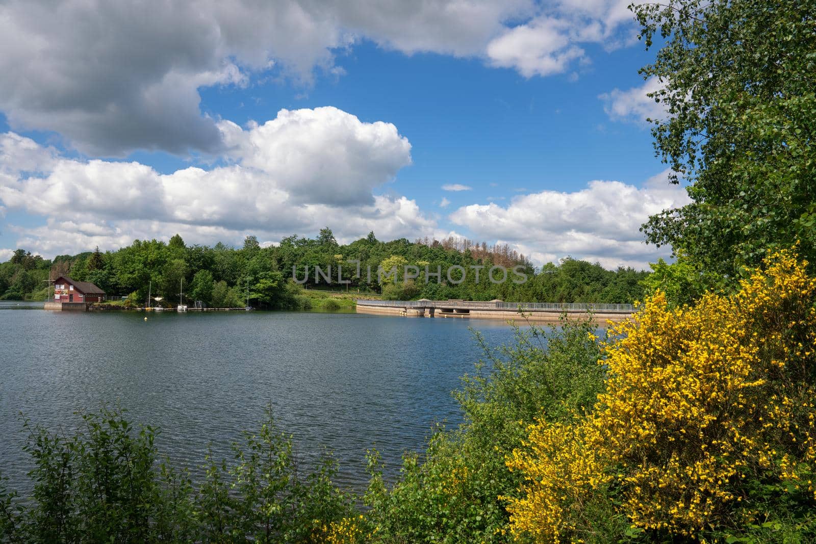 Panoramic landscape of Brucher reservoir at summertime, recreation and hiking area of Bergisches Land, Germany