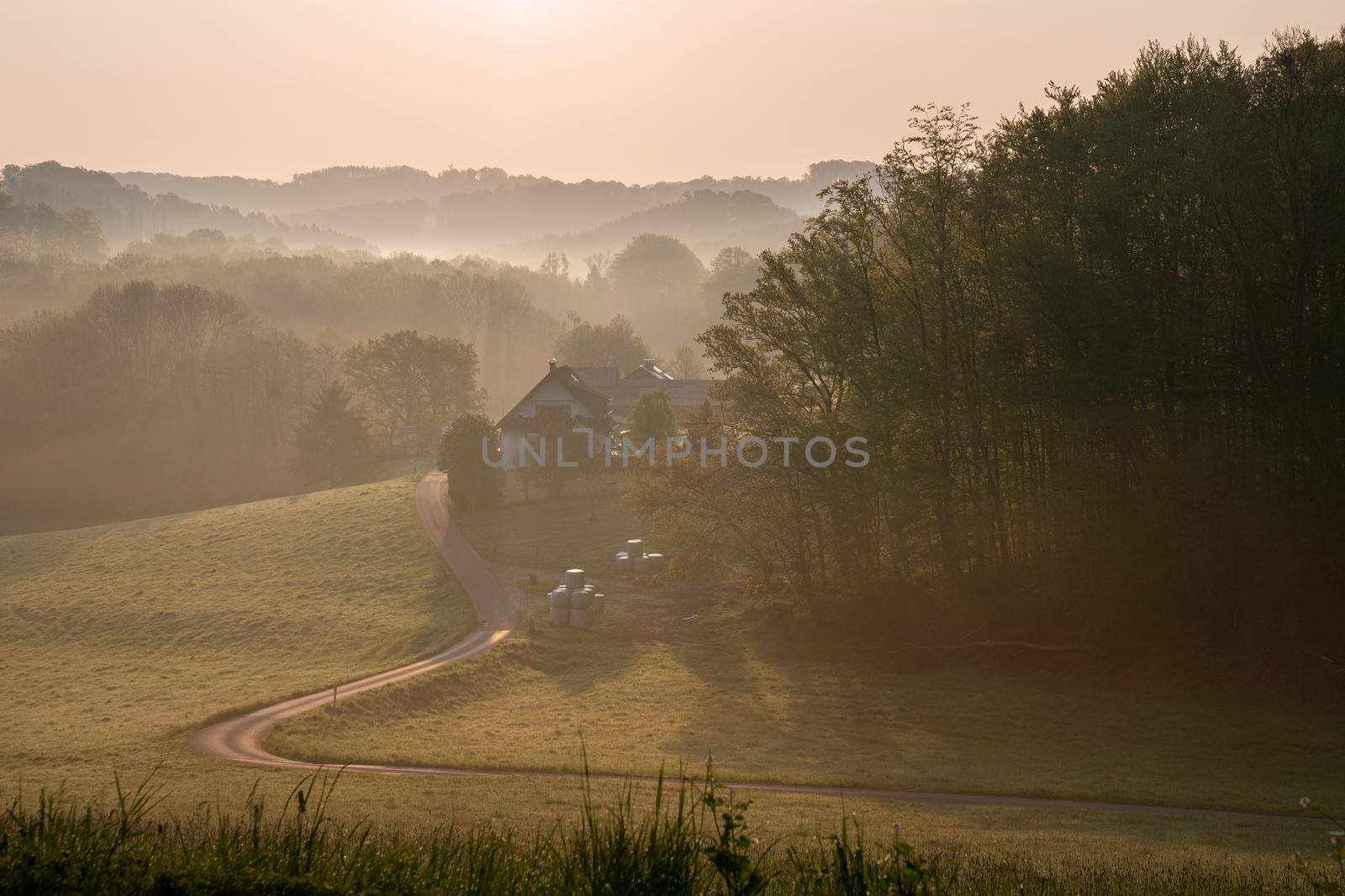 Panoramic image of scenic view on a colorful morning, Bergisches Land, Odenthal, Germany