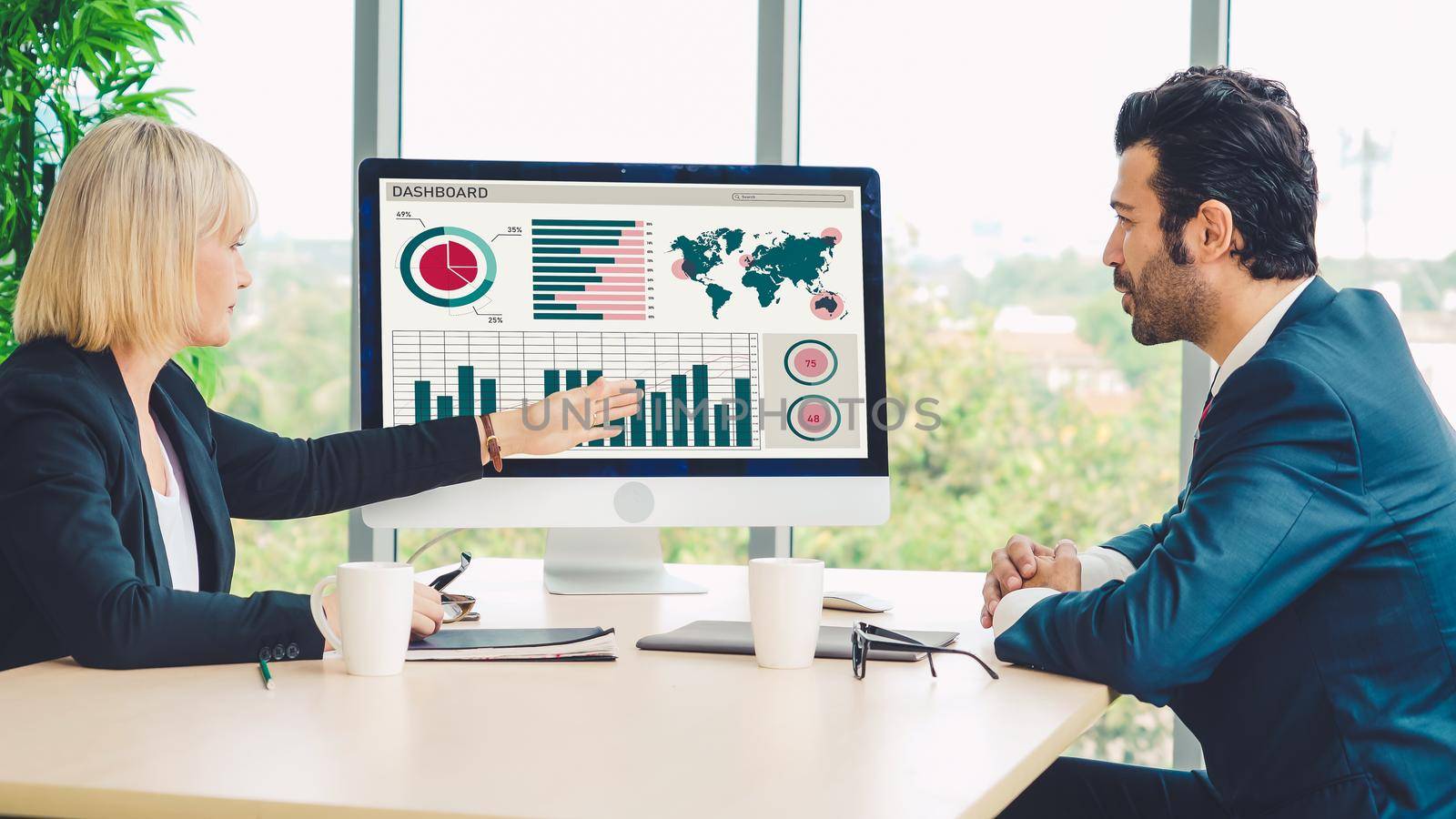 Business data dashboard analysis by ingenious computer software . Investment application display business sales and profit on the computer screen and advise marketing planning decision .