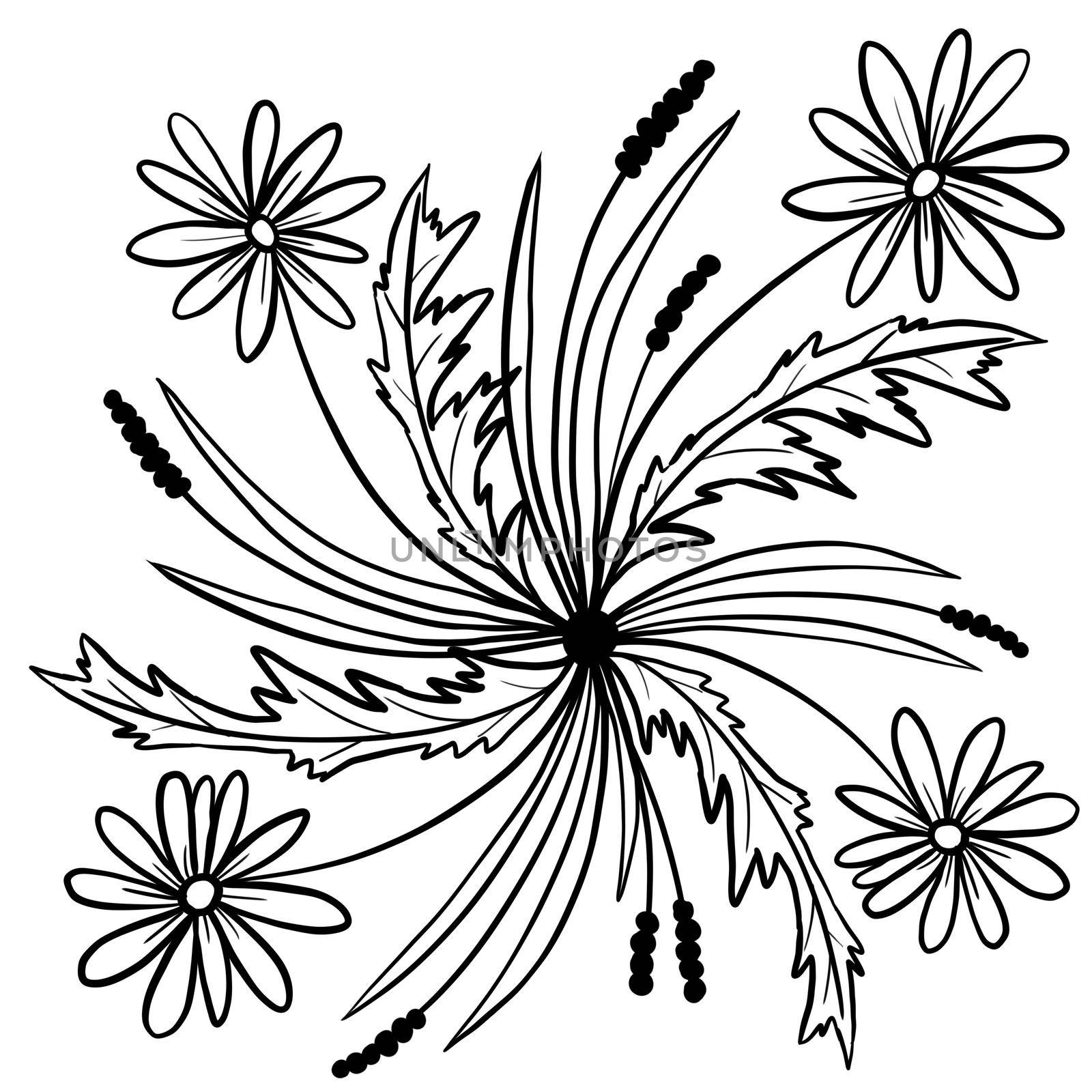 Hand drawn floral flower leaves illustration, black white elegant minimalist wedding ornament, Line art minimalism tatoo style design summer spring nature branch foliage blossom by Lagmar