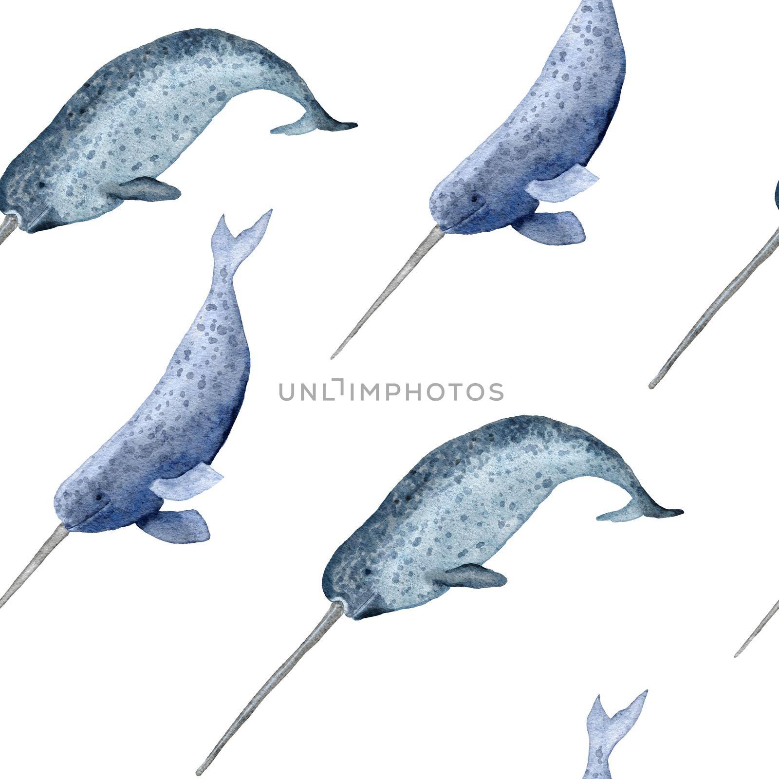 Hand drawn watercolor seamless pattern with narwhal. Sea ocean marine animal, nautical underwater endangered mammal species. Blue gray illustration for fabric nursery decor, under the sea prints. by Lagmar