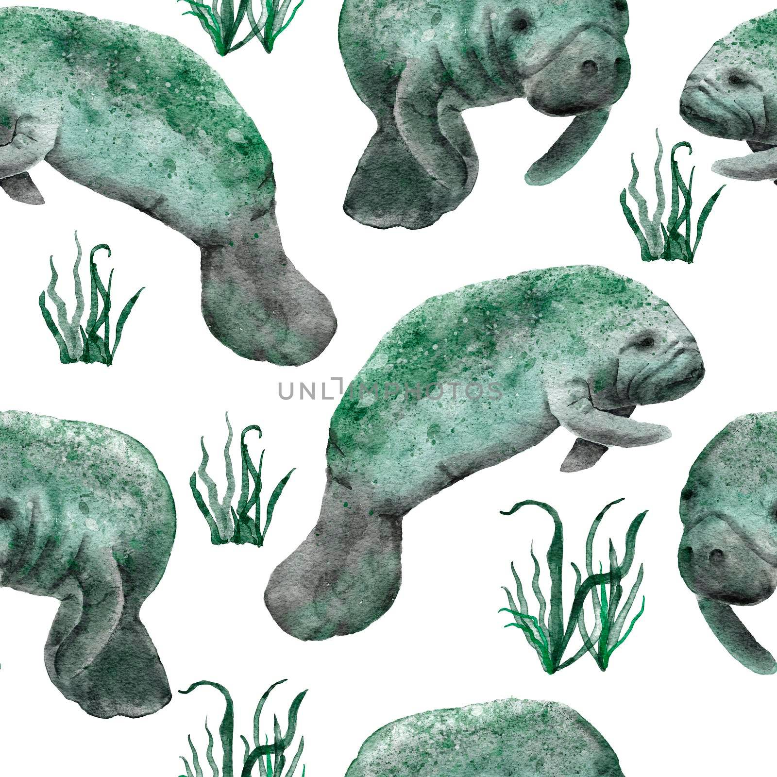 Hand drawn watercolor seamless pattern with manatee cow. Sea ocean marine animal, nautical underwater endangered mammal species. Blue gray illustration for fabric nursery decor, under the sea prints