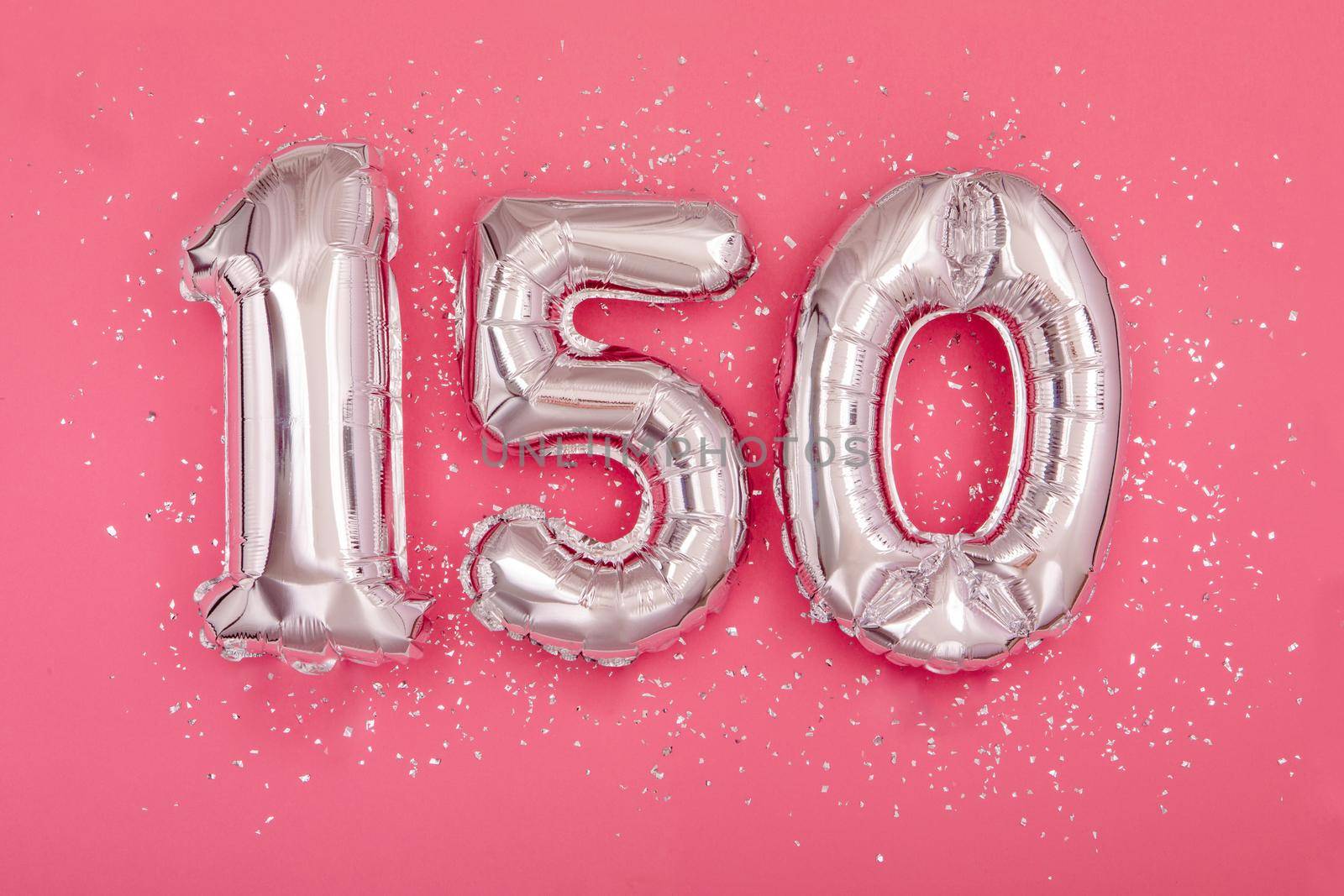 Silver balloon shape of number one hundred fifty 150 pink background by Demkat