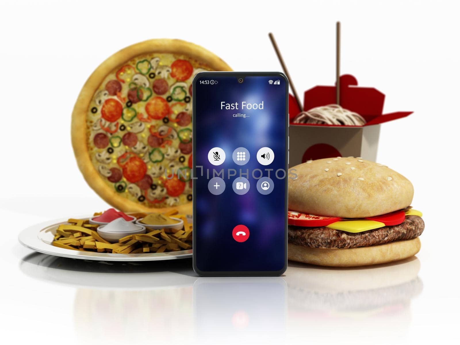 Fast foods and smartphone with fast food calling screen. 3D illustration.