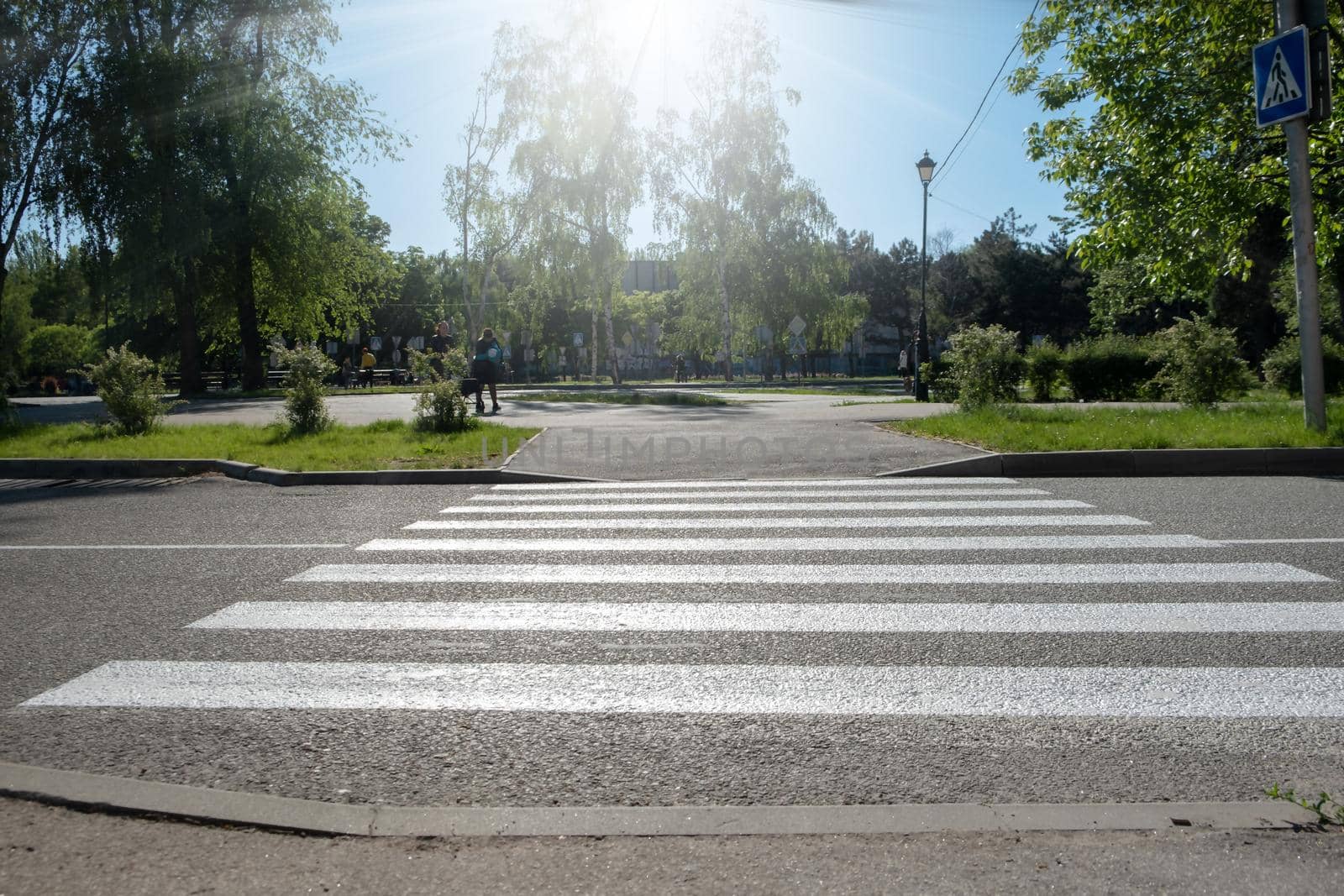 A crosswalk for pedestrians crossing the street. Empty crosswalk to the park on the road. by igor010