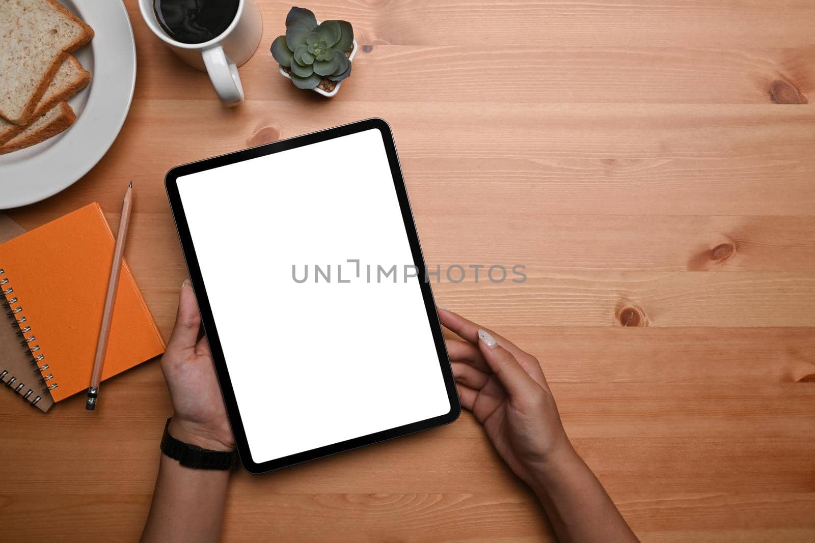 Above view young woman holding digital tablet with white screen.