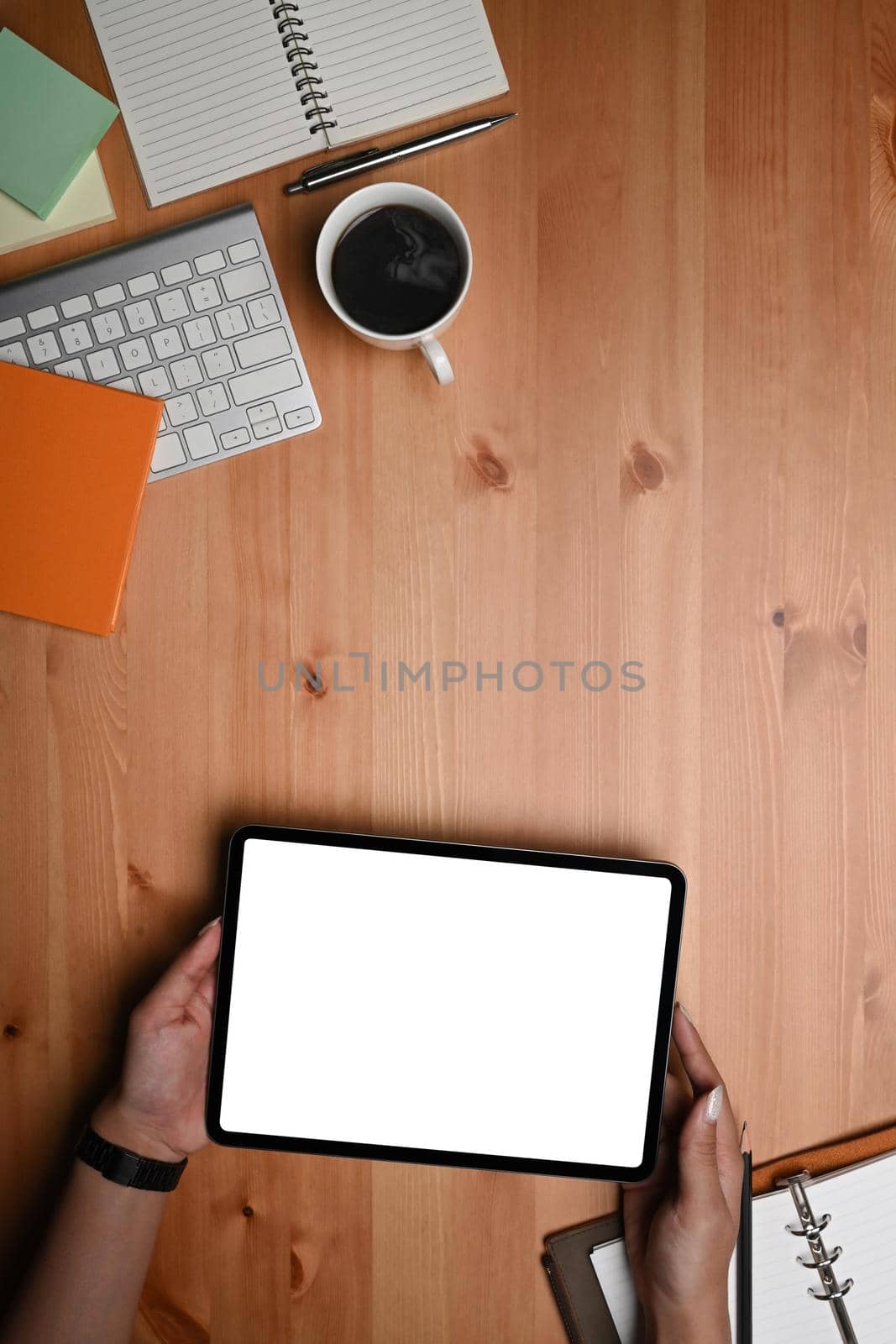 Businesswoman holding mockup digital tablet with blank screen.