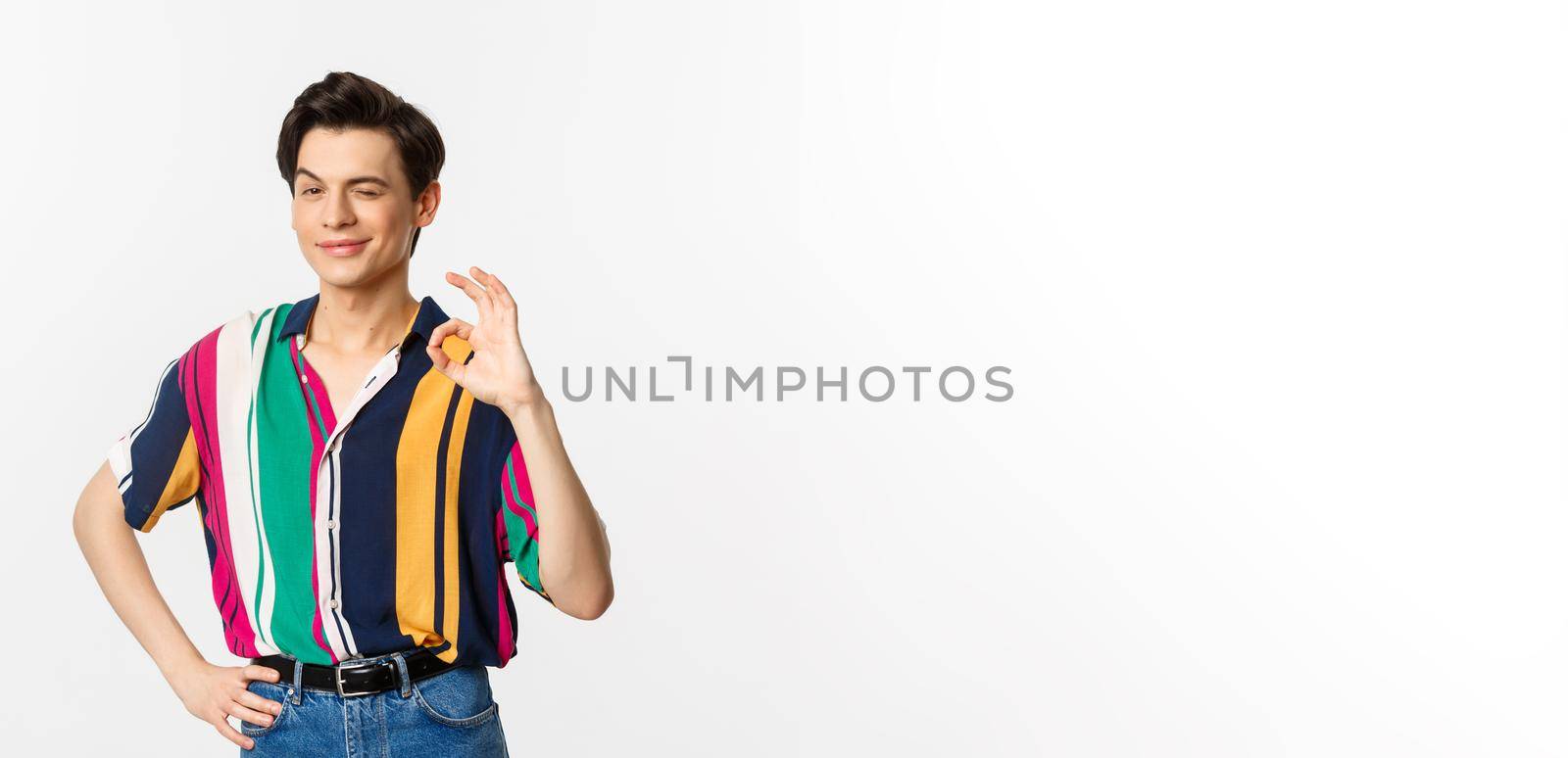 Confident young androgynous man showing okay sign, approve and agree, smiling and winking at camera, guarantee and recommend, standing over white background.