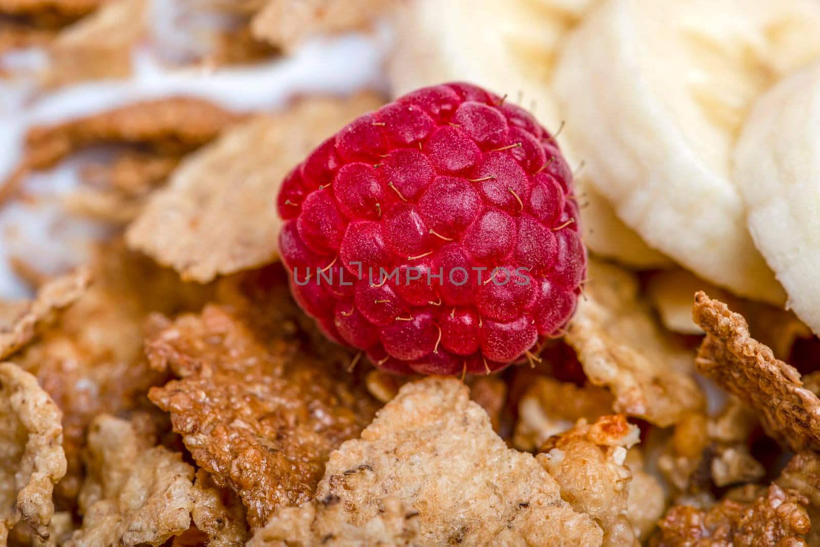 Muesli. Breakfast, healthy food and diet. Muesli with fruits in a plate on a pink background. Blueberries, strawberries and raspberries on a background of muesli flakes. Print banner with copy space.