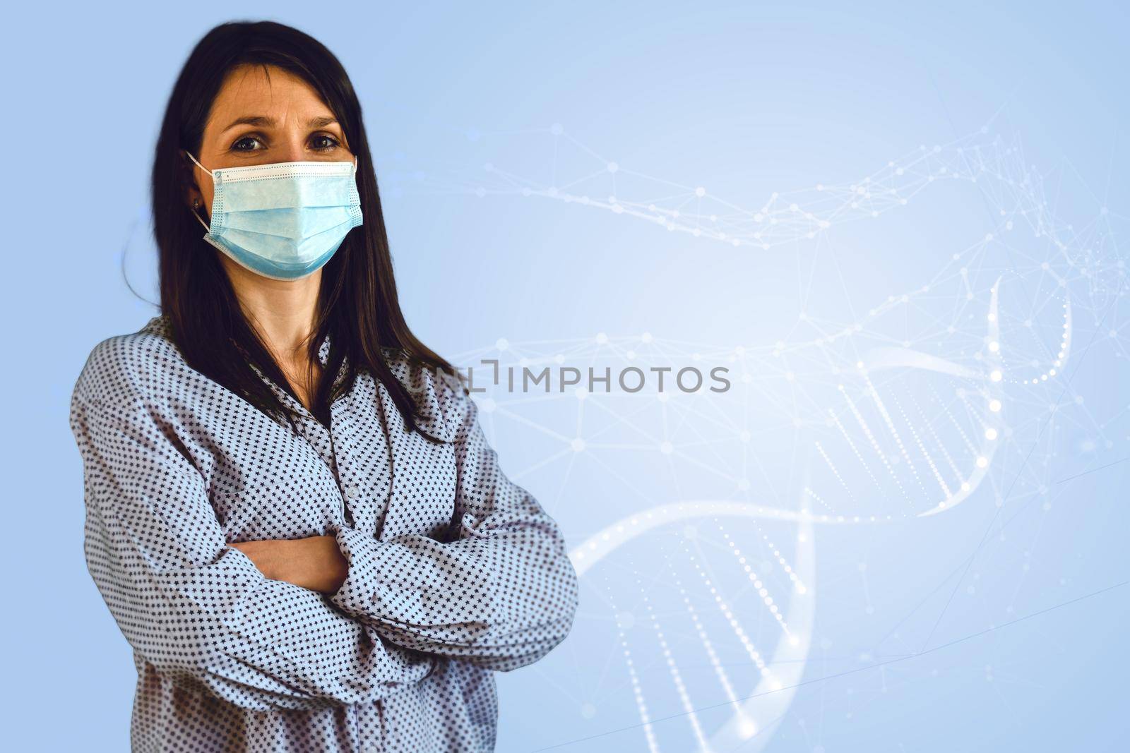 Portrait of adult female wearing protective mask. medical background, patient trust . Healthcare, medical education, emergency medical service and surgery or hospitality concept