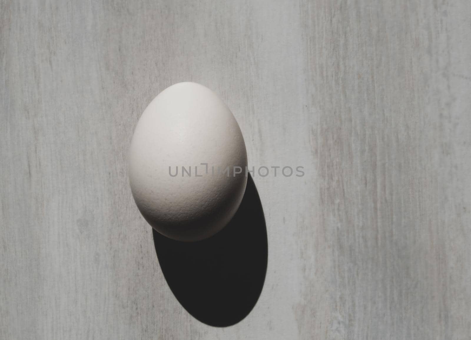Egg on the table. Minimal white easter egg on gray background, flat lay by igor010