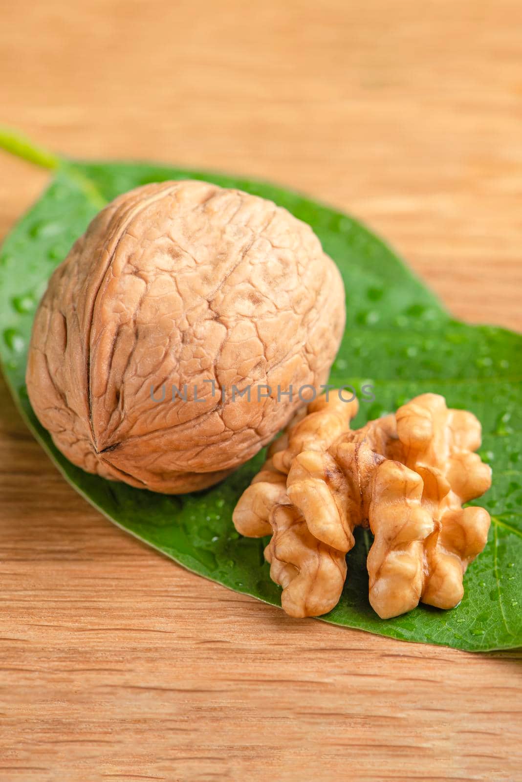 Walnut. Walnut fruits lie on green leaves with water drops. Green leaves of walnut on a wooden background. by SERSOL