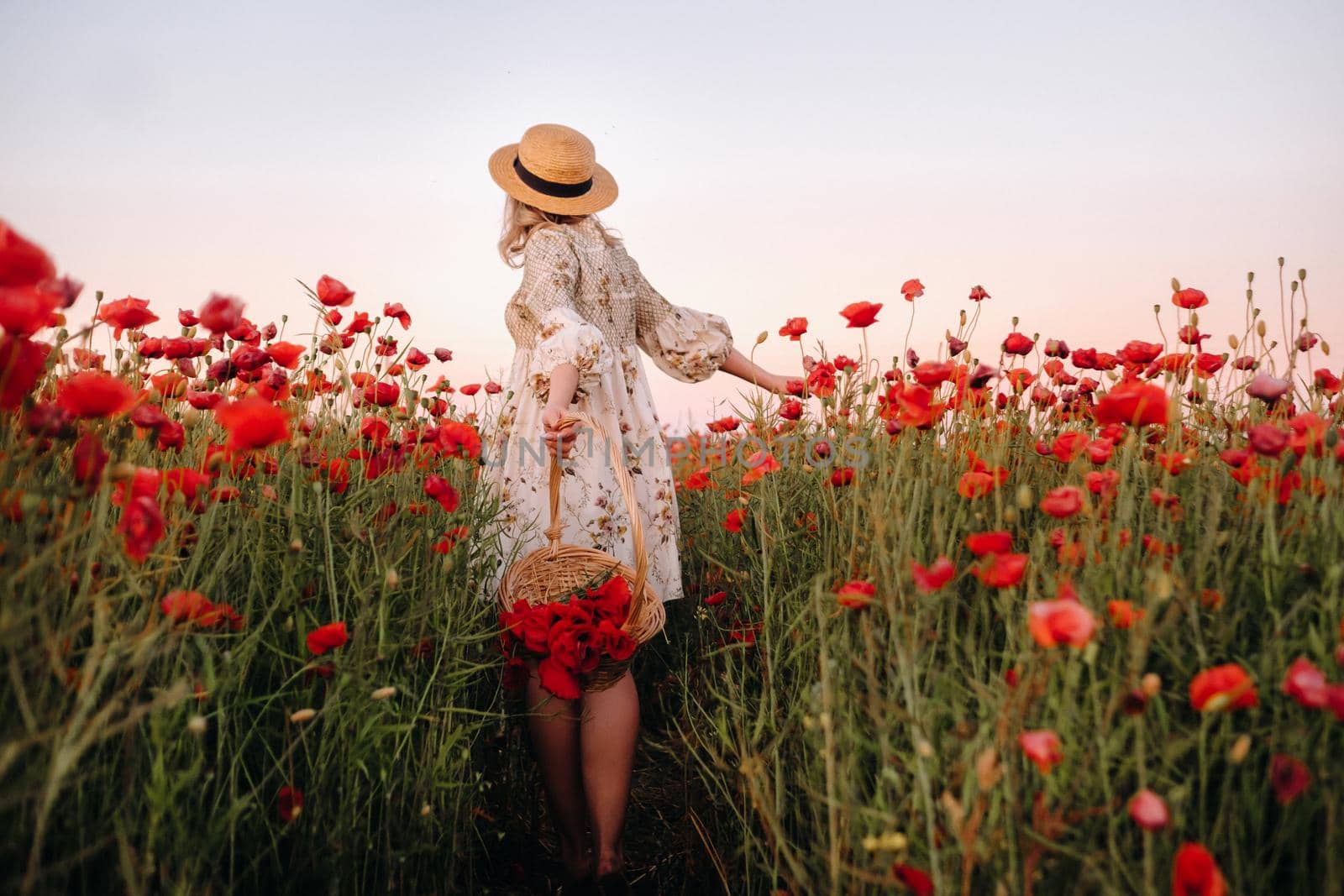 a girl in a dress with a hat and with a basket in a field with poppies.