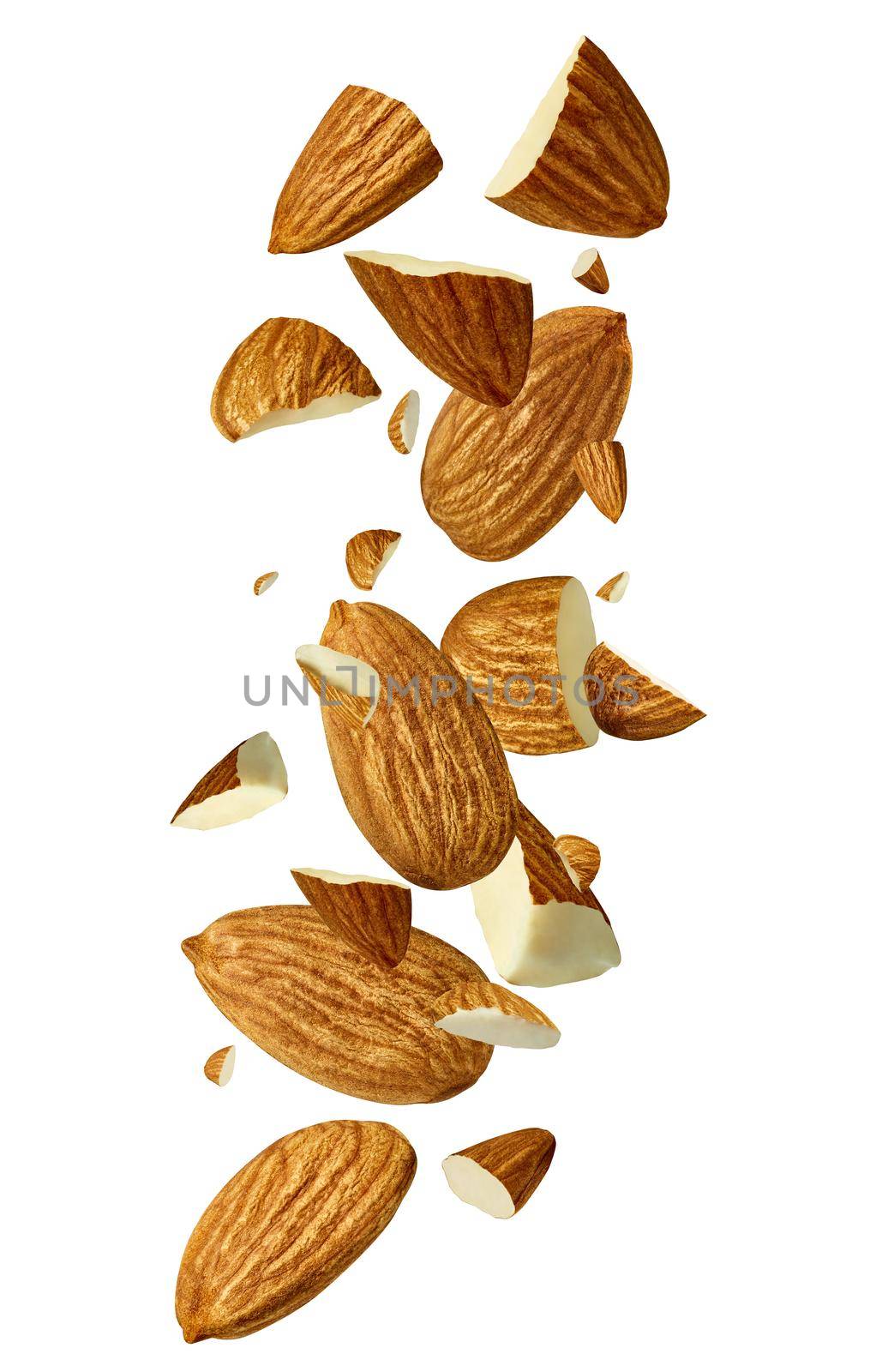 Close up of almonds on white background