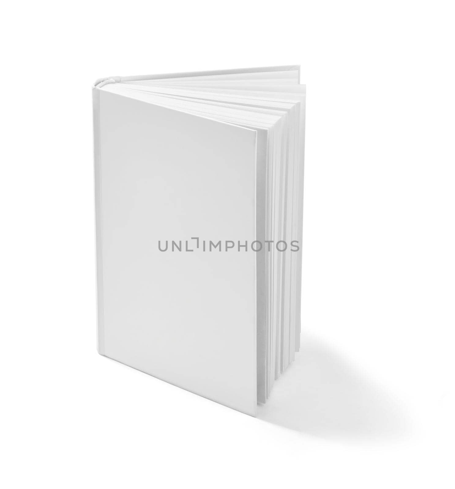 close up of a white book template on white background