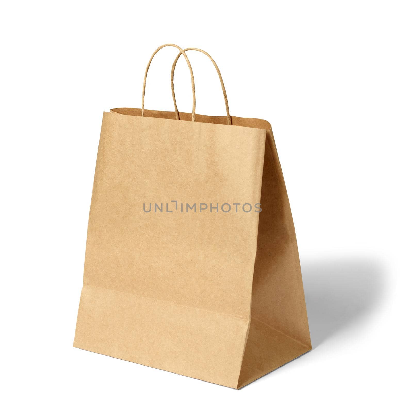 Close up of a borwn paper bag on white background