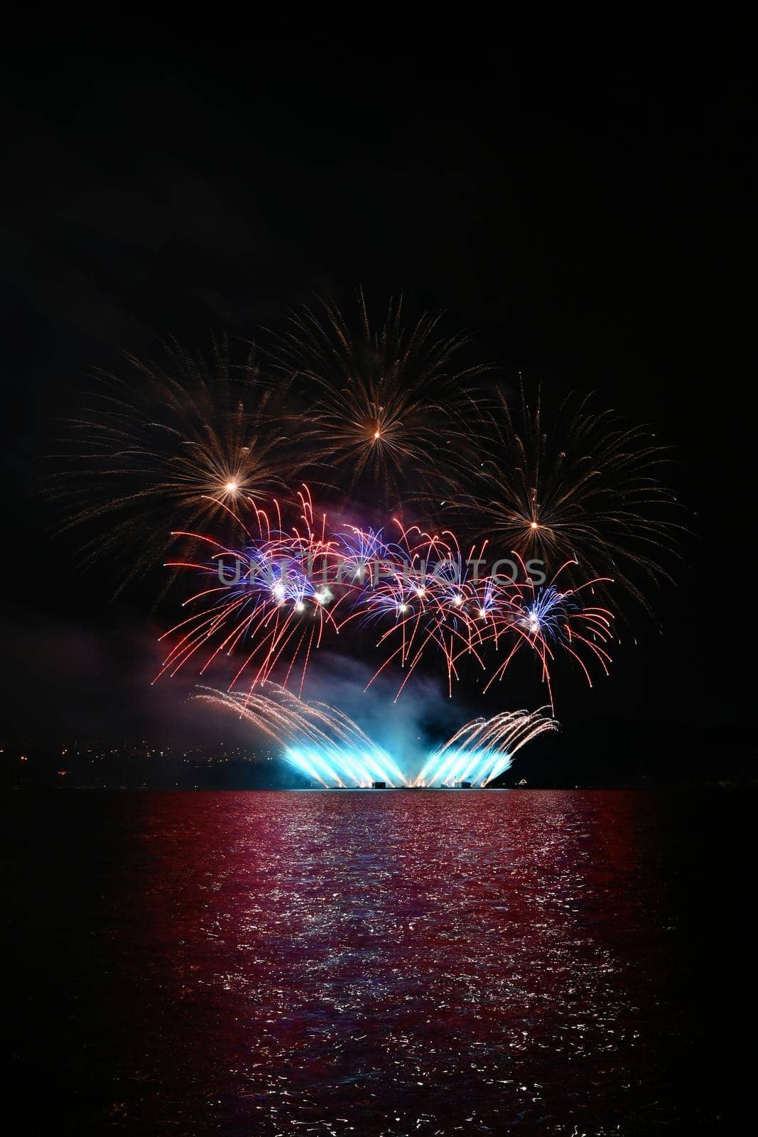 Beautiful colorful fireworks over the water. International fireworks competition Brno - Czech Republic.