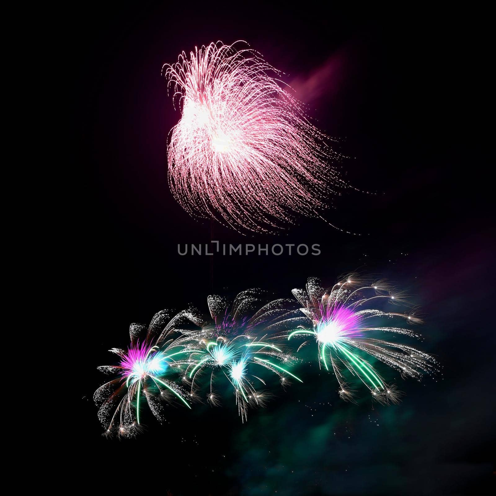 Beautiful colorful fireworks over the water. International fireworks competition Brno - Czech Republic.