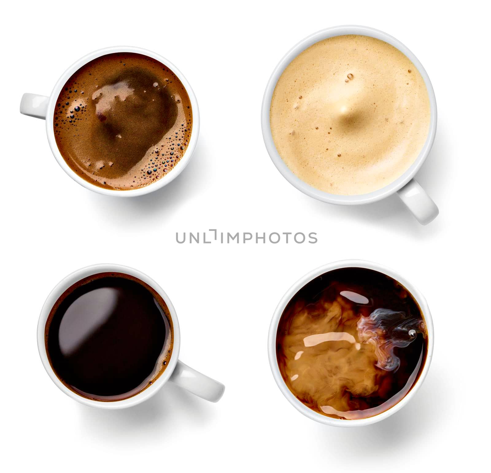 close up of a various coffee in cup on white background