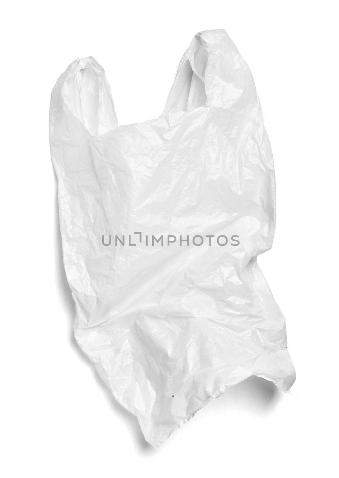 close up of a used white plastic bag on white background