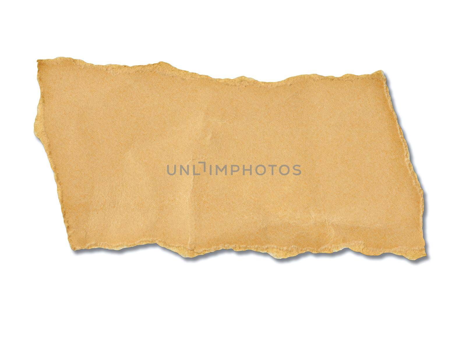 close up of a ripped colored vintage note paper on white background