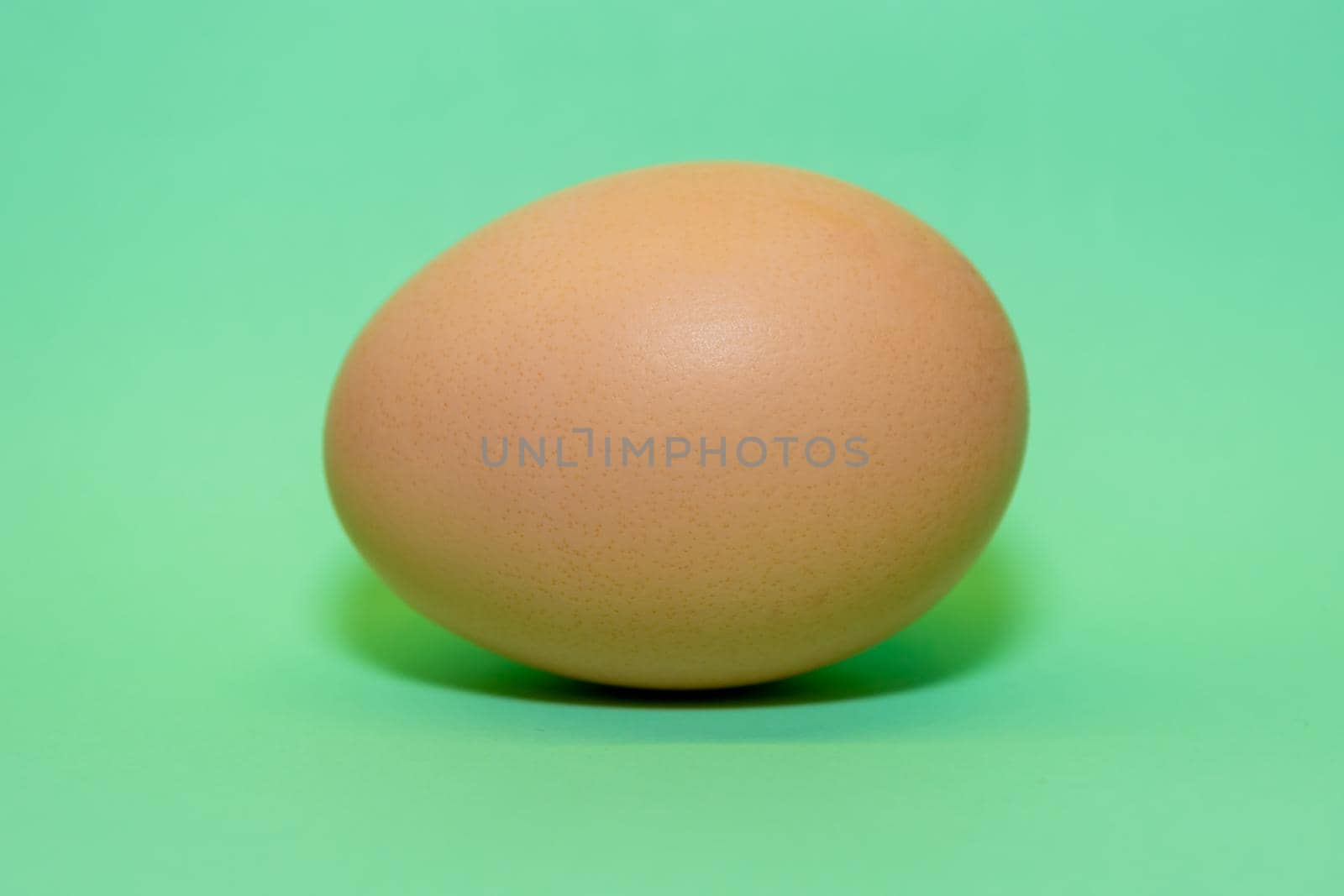A chicken egg is horizontally located on a pale green background. Food theme.