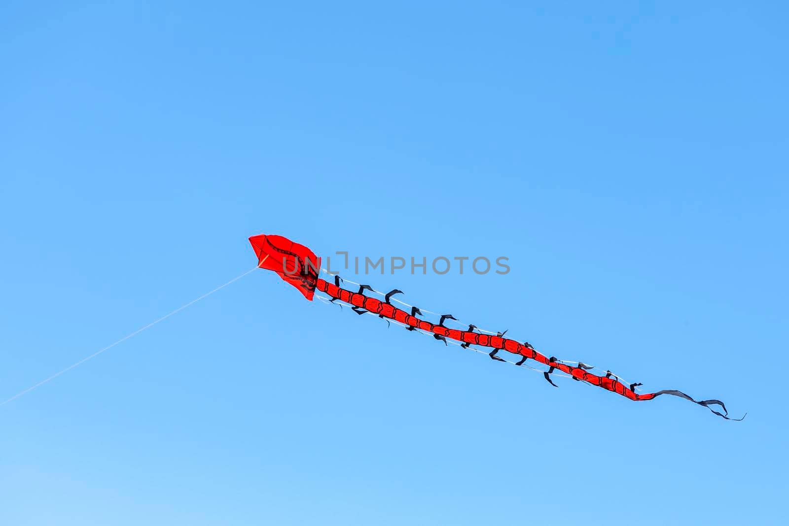 Flying kite. Colorful kite flying in the wind in the blue sky among the clouds. Long serpent in the form of a red dragon.
