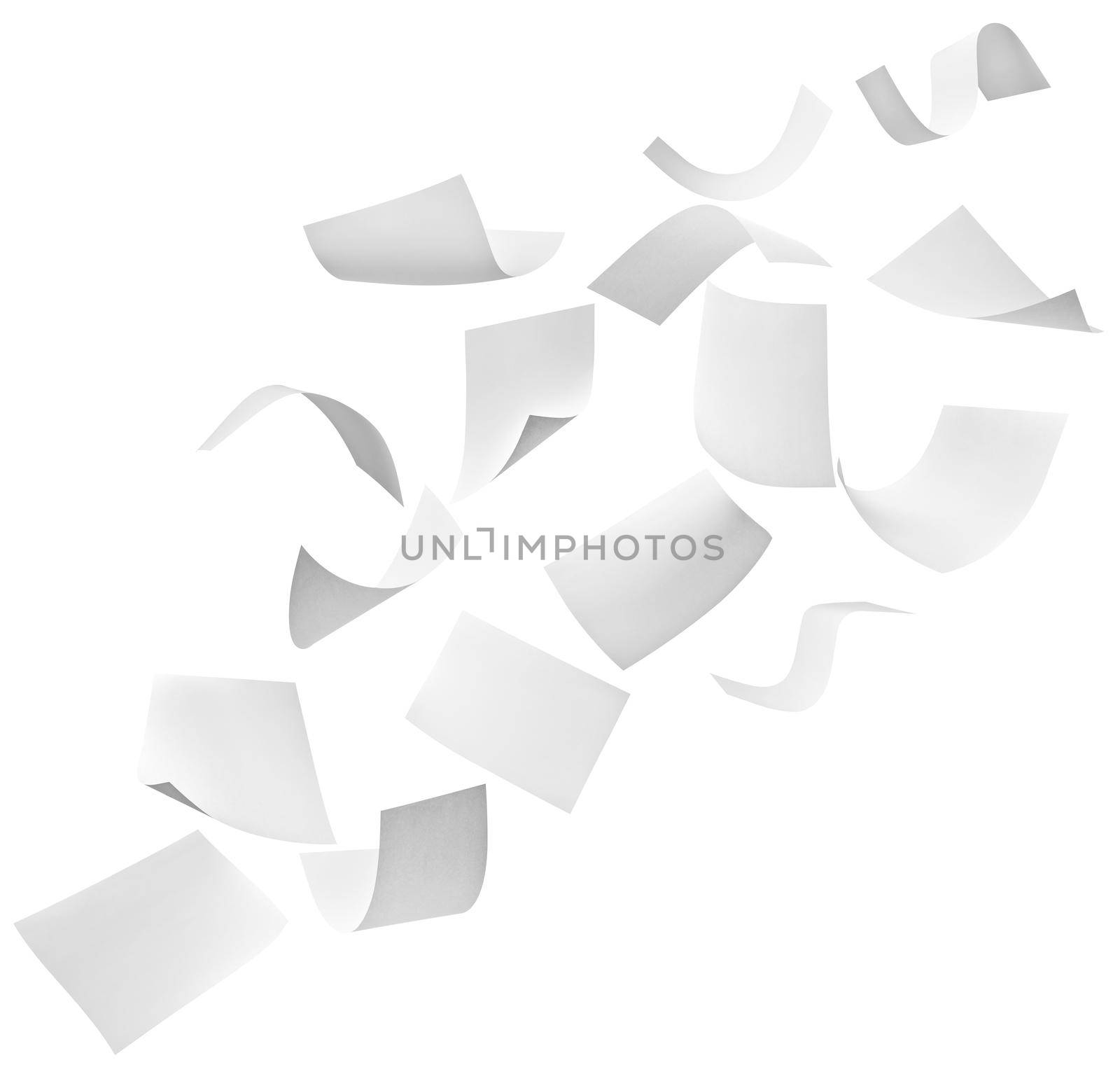 close up of flying papers on white background