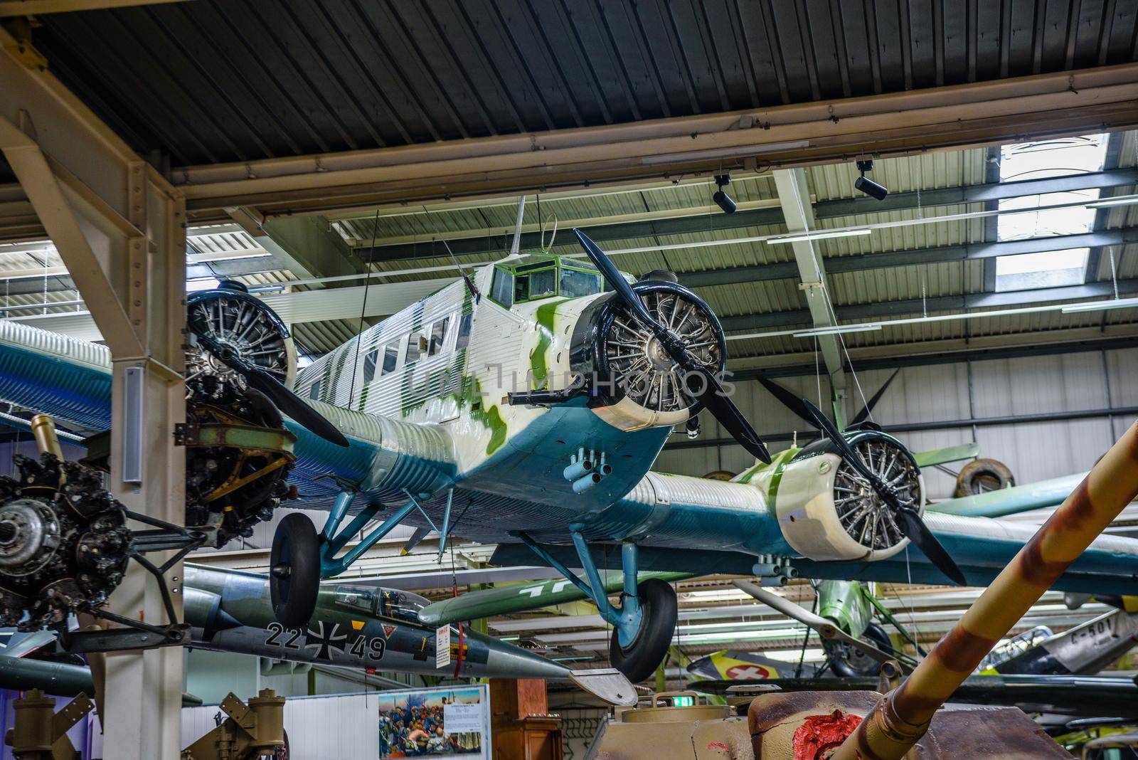 SINSHEIM, GERMANY - MAI 2022: transport medium bomber aircraft Junkers JU 52 3m Tante Aunt Ju Iron Annie 1930 WW2 3rd reich nazi Germany Luftwaffe