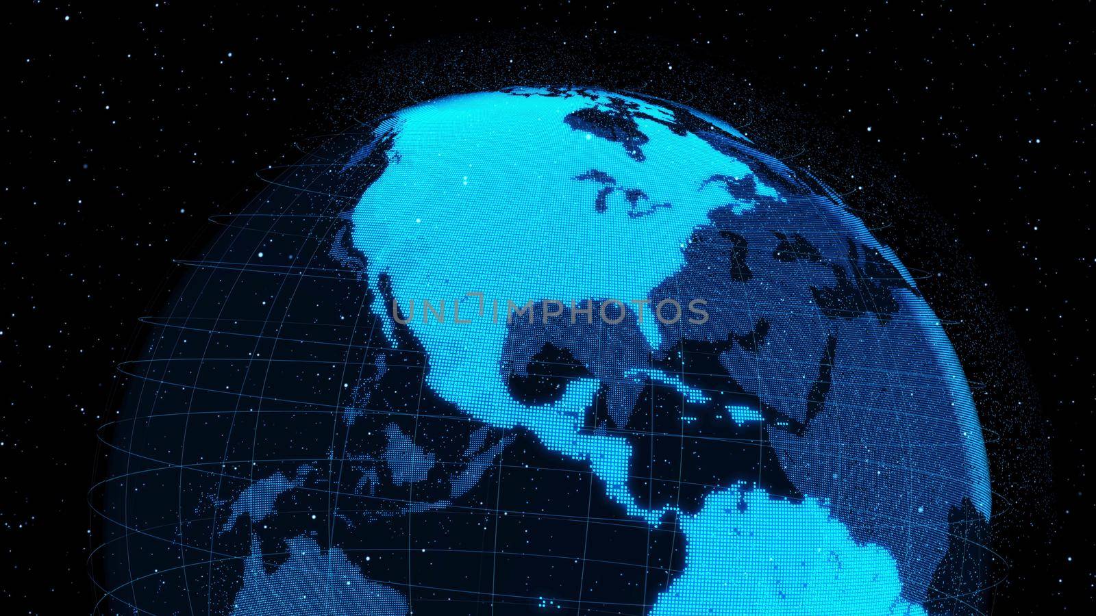 3D Digital orbital earth in cyberspace showing concept of network technology . Hologram of globe sphere graphic connect to internet presents global communication and connection network . 3D render .