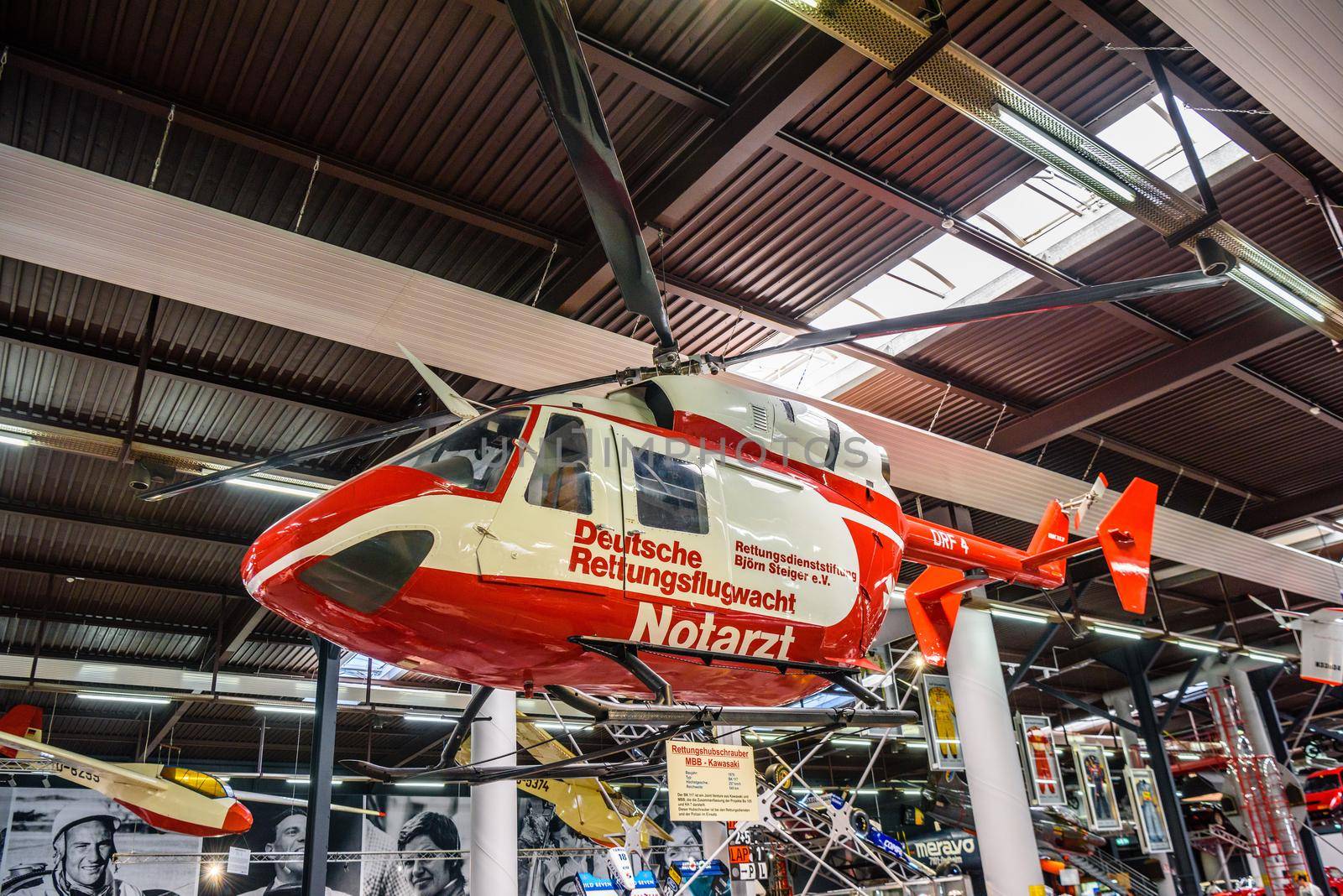SINSHEIM, GERMANY - MAI 2022: white red emergency helicopter MBB Kawasaki.
