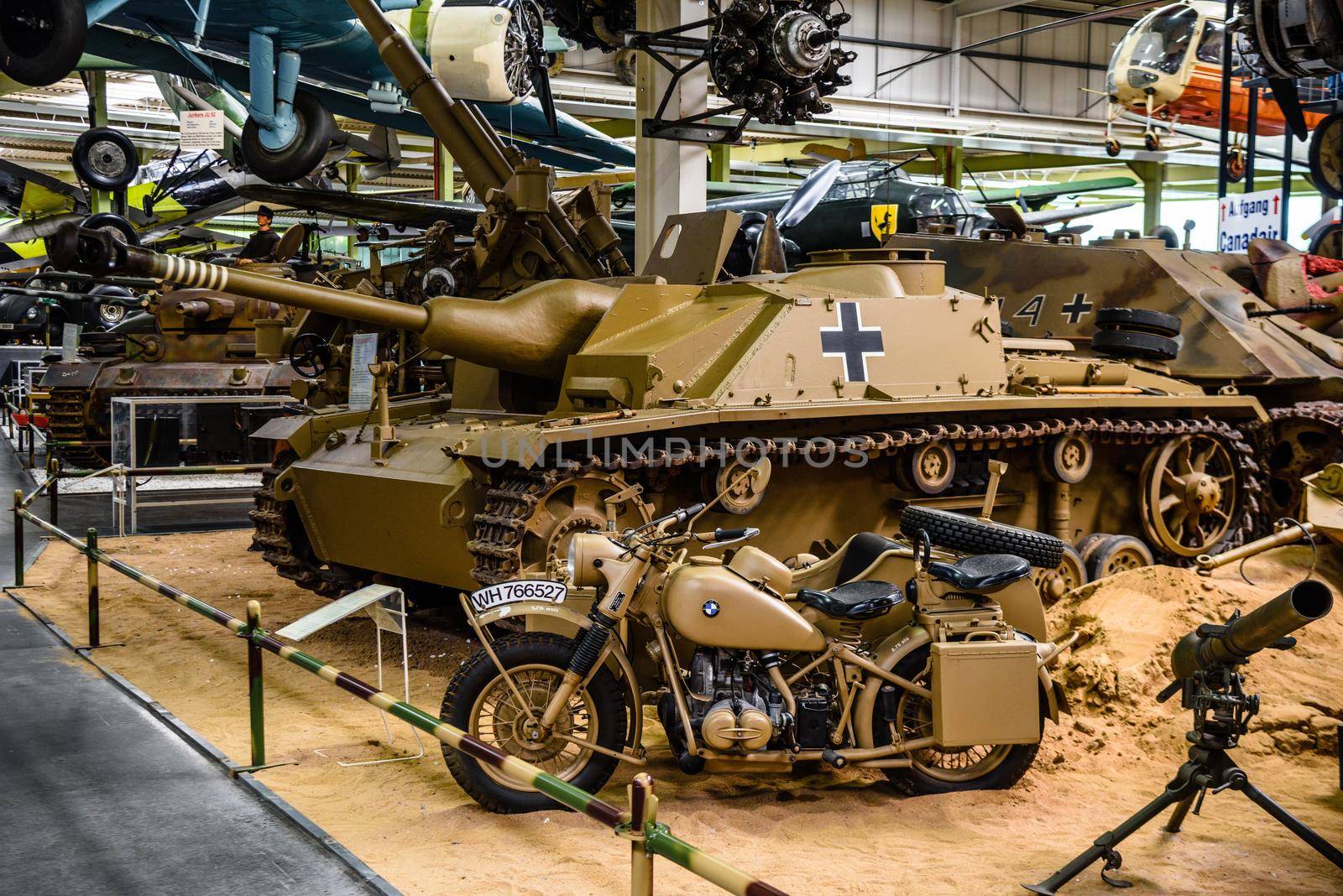 SINSHEIM, GERMANY - MAI 2022: Sturmgeschutz StuG III 3 assault gun and motorbike motorcycle BMW R75 by Eagle2308