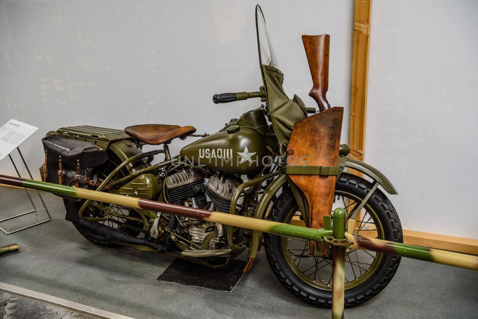 SINSHEIM, GERMANY - MAI 2022: military khaki motorbike motorcycle Harley Davidson WLA 1940 25ps