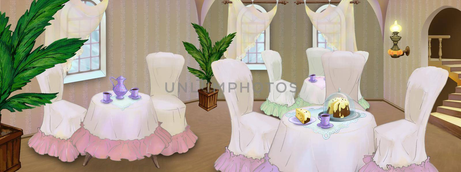 Cafe interior in retro style. Digital Painting Background, Illustration.