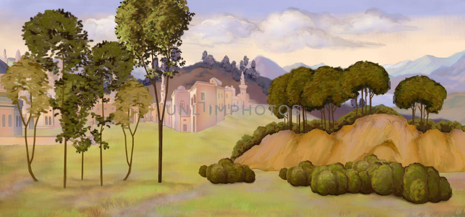 Italian landscape in the style of Vittore Carpaccio. Digital Painting Background, Illustration.