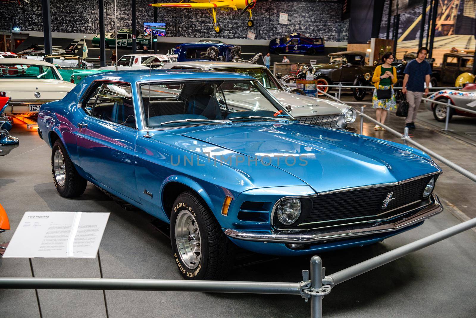 SINSHEIM, GERMANY - MAI 2022: blue coupe Ford Mustang coupe 1st generation 1970 220ps