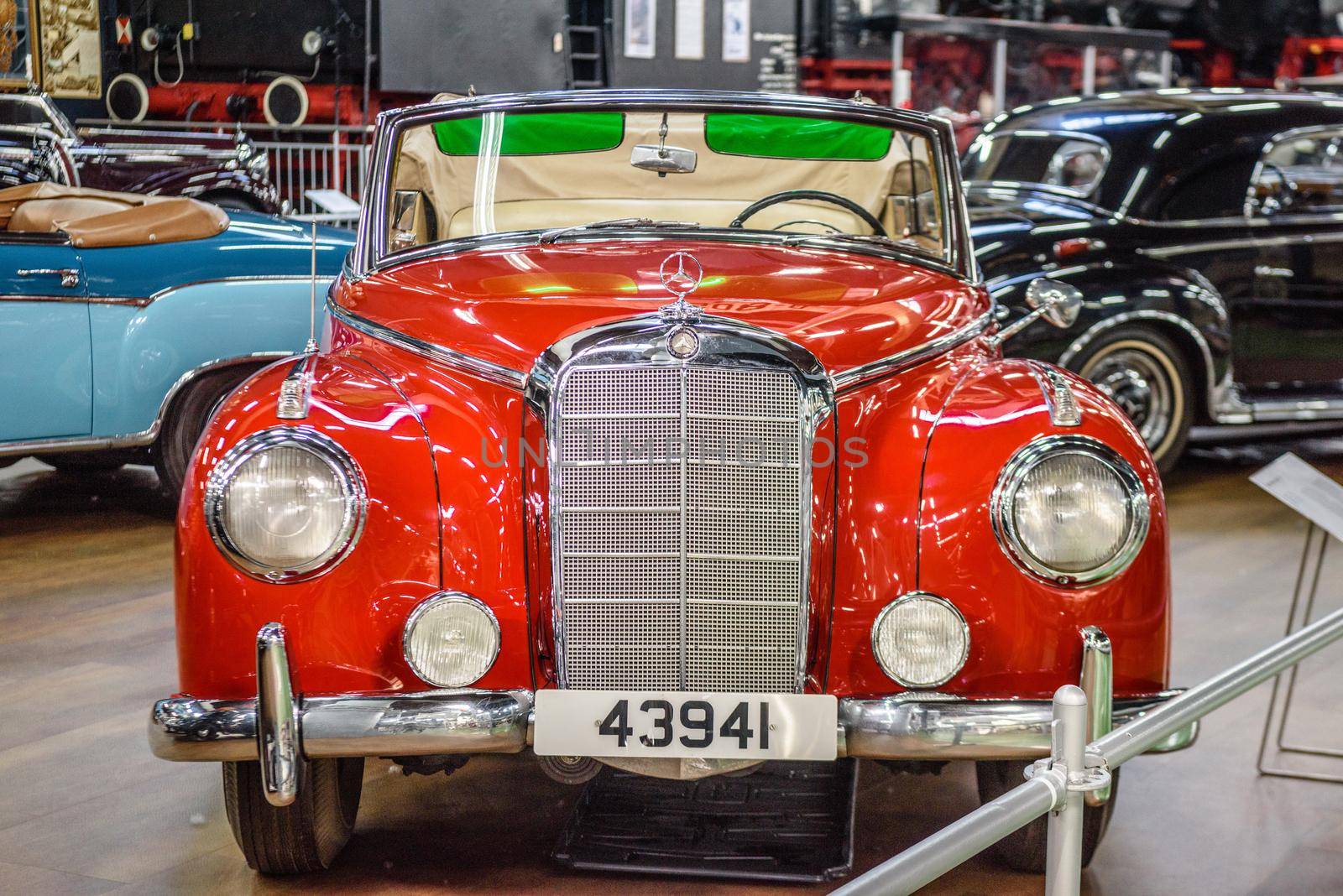 SINSHEIM, GERMANY - MAI 2022: red Mercedes Benz 300 cabrio 1952 115ps