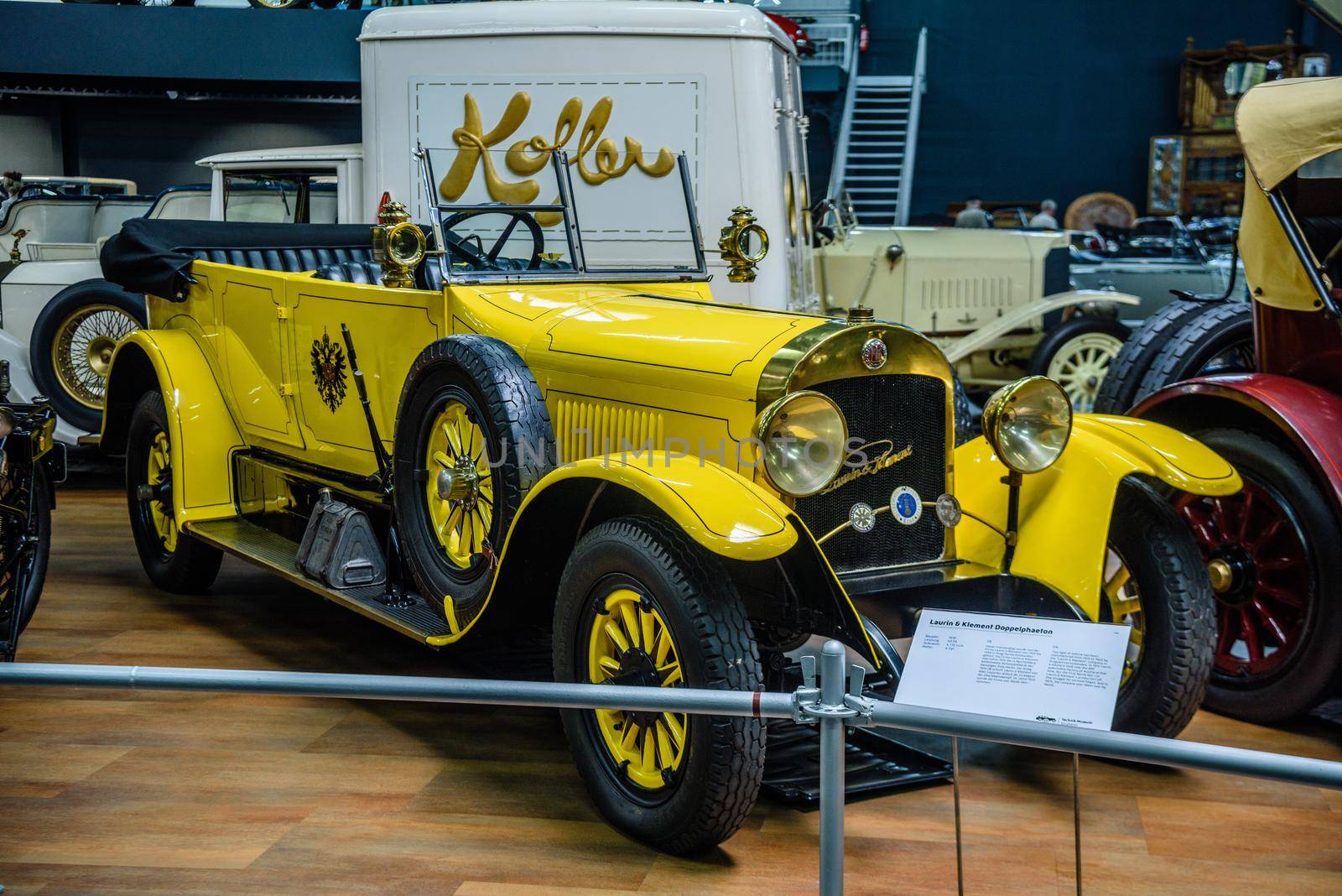 SINSHEIM, GERMANY - MAI 2022: yellow Laurin Klement Doppelphaeton 1916 cabrio 50ps