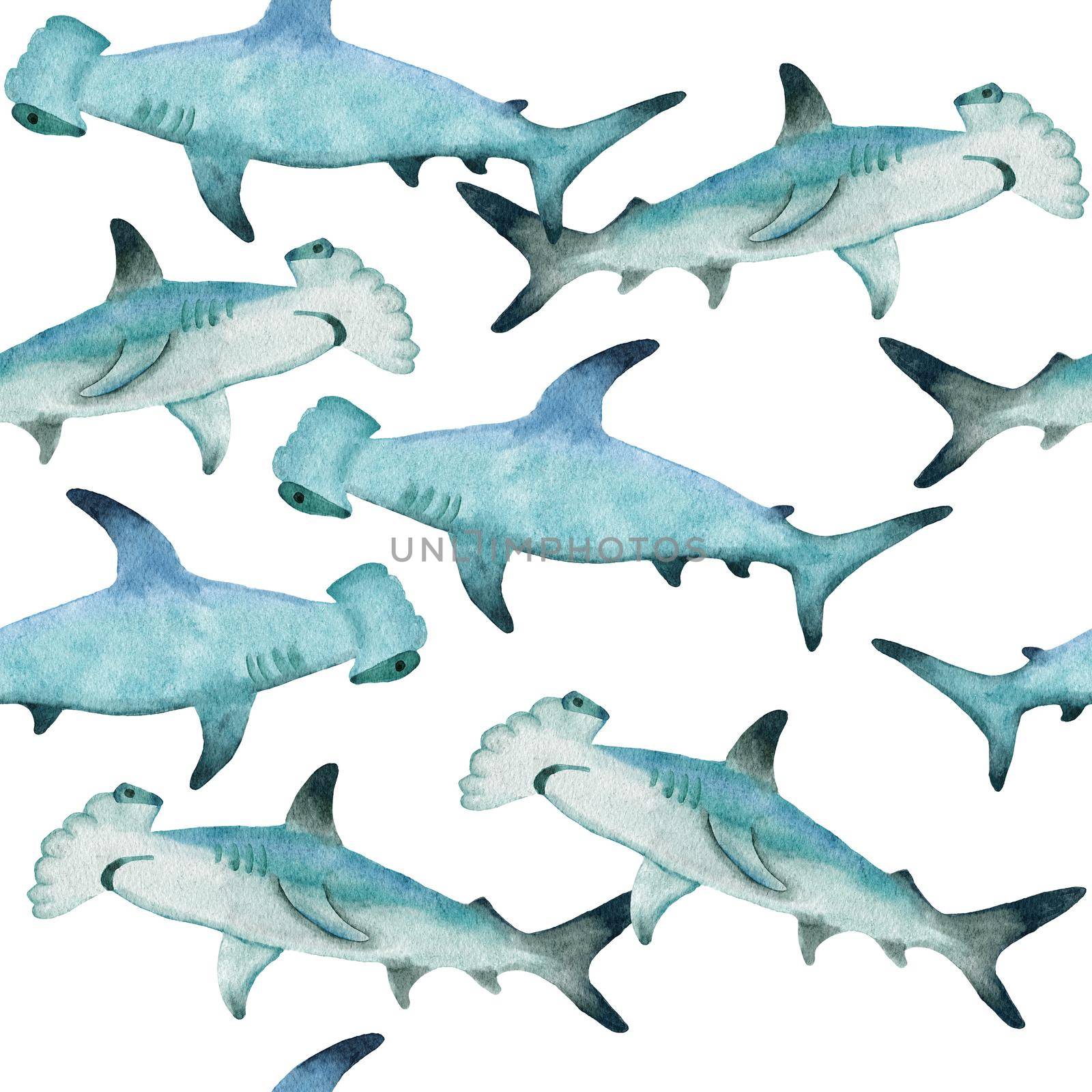 Hand drawn watercolor seamless pattern with hammerhead shark. Sea ocean marine animal, nautical underwater endangered mammal species. Blue gray illustration for fabric nursery decor, under the sea prints. by Lagmar