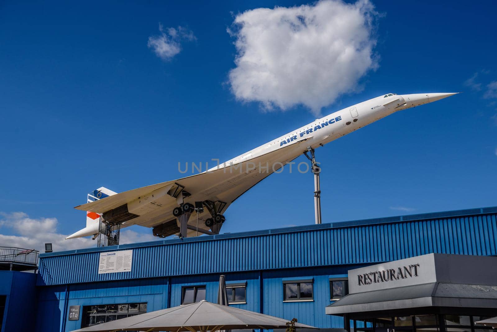 SINSHEIM, GERMANY - MAI 2022: white supersonic airliner Concorde F-BVFB 1969 and gray orange Aero L-39 Albatros 1968