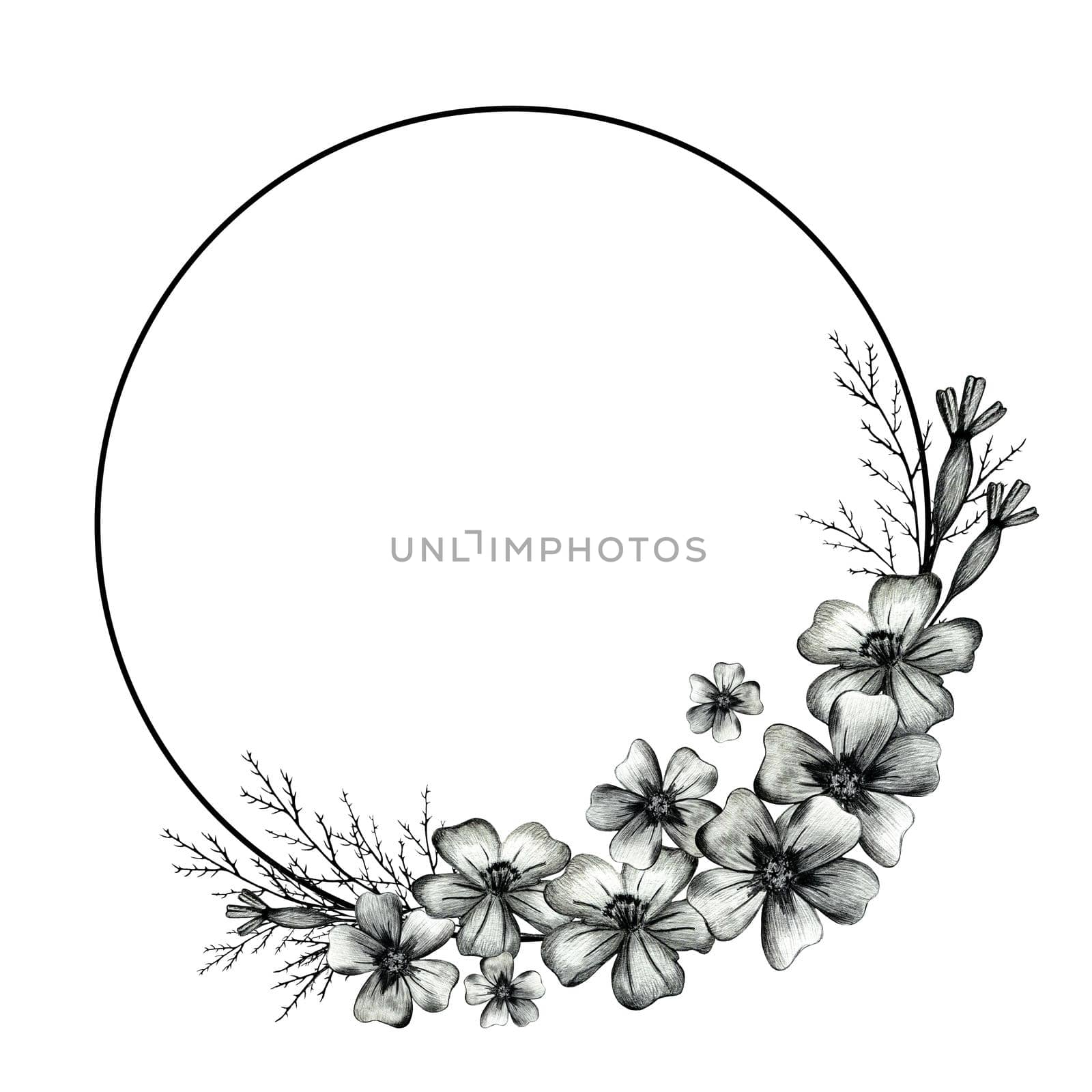 Cute Wreath with Flowers, Leaves and Branches. Circle Frame for Your Text on White Background. by Rina_Dozornaya