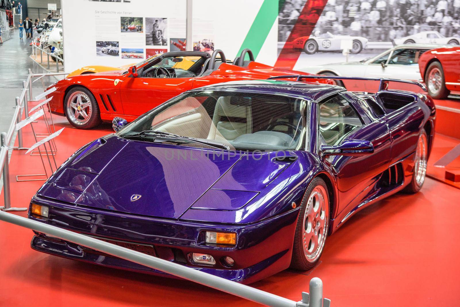 SINSHEIM, GERMANY - MAI 2022: violet purple Lamborghini Diablo VT Roadster 1998 530ps sports car