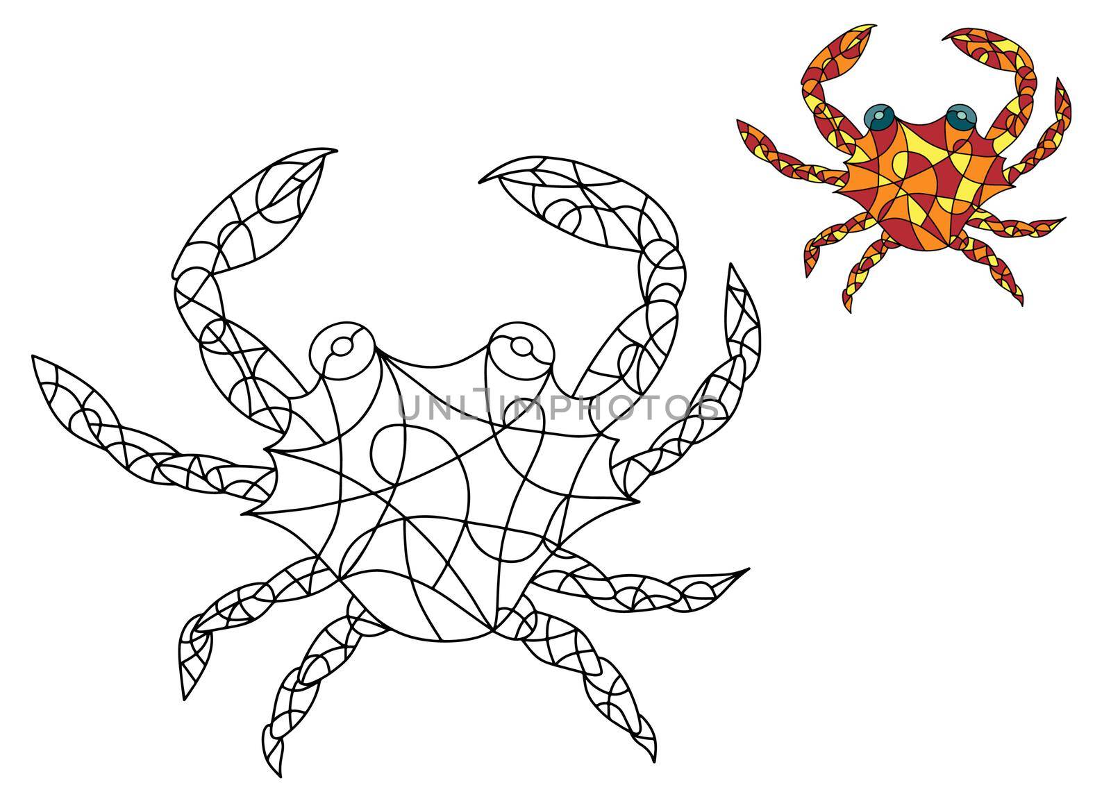 Black and White and Colored Illustration in stained glass style with abstract Crab. Image for Coloring Book, Coloring Page, Print, Batik and Window.