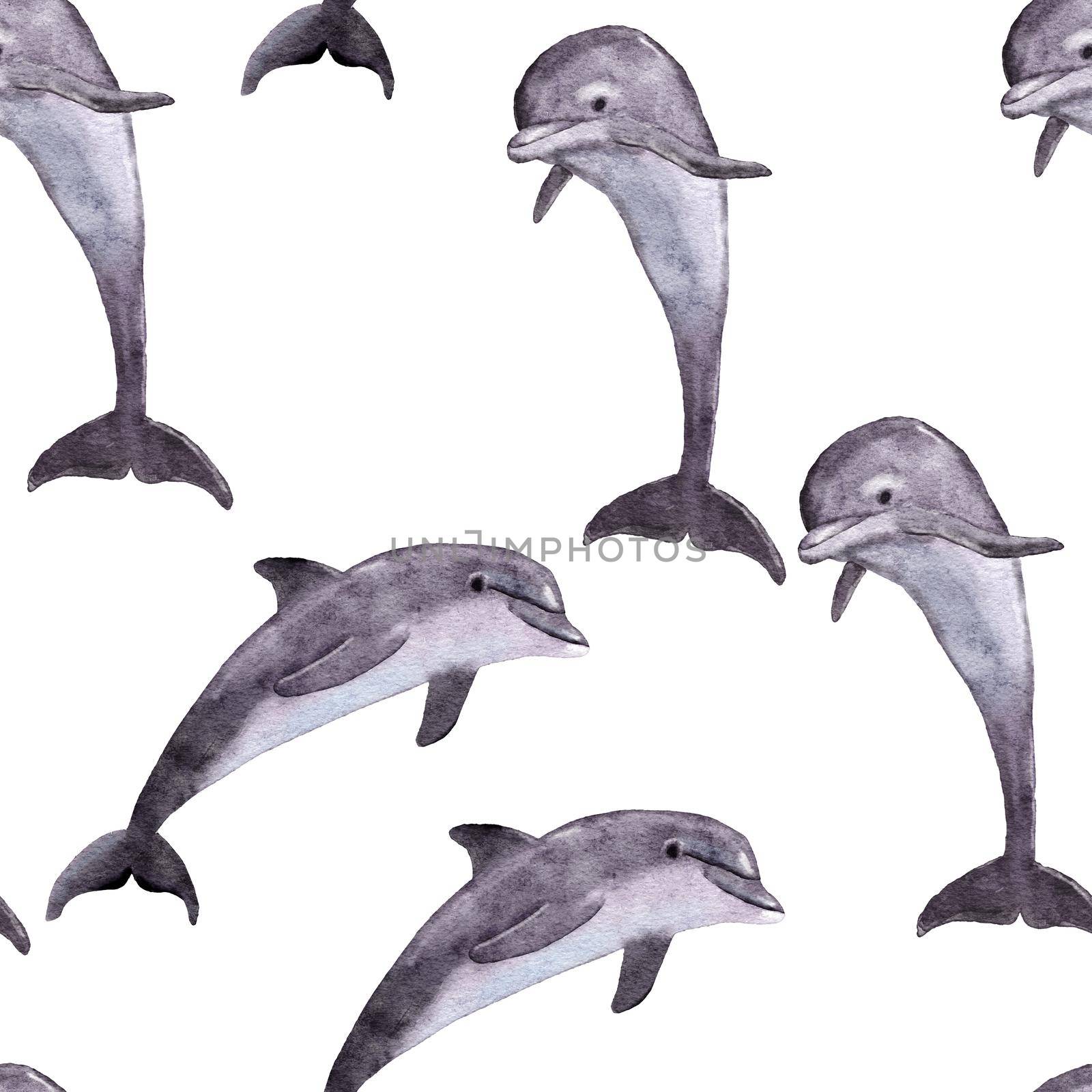 Hand drawn watercolor seamless pattern with dolphin. Sea ocean marine animal, nautical underwater endangered mammal species. Blue gray illustration for fabric nursery decor, under the sea prints. by Lagmar